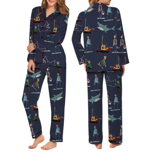 Jaws Silky Satin Pajama Set For Women, Funny Shark & Boat Print Sleepwear - Image 7