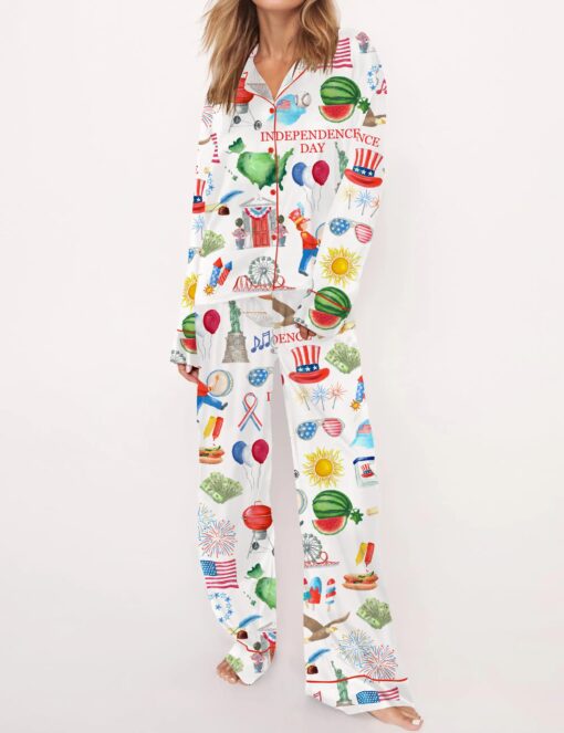 Independence Day Celebration Watercolor Silky Satin Pajama Set For Women - Image 6