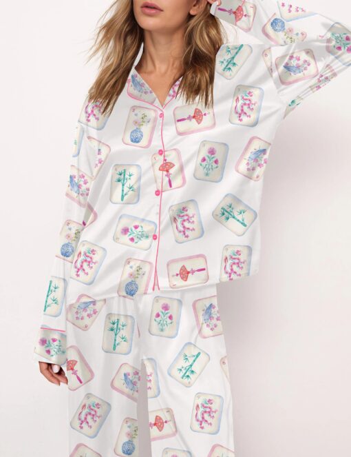 Watercolor Mahjong Satin Pajama Set For Women - Image 3