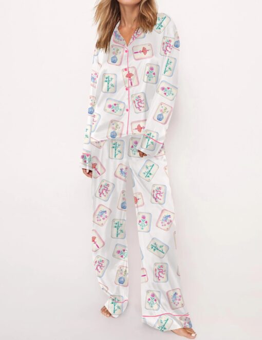 Watercolor Mahjong Satin Pajama Set For Women - Image 6