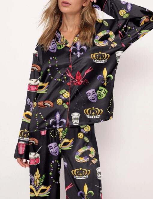 Mardi Gras Beads King Cake Crawfish Satin Pajama Set - Image 9