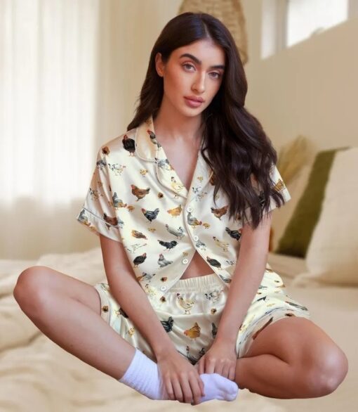 Chicken Print Satin Pajamas Set, Cute Farm Animal Sleepwear - Image 2