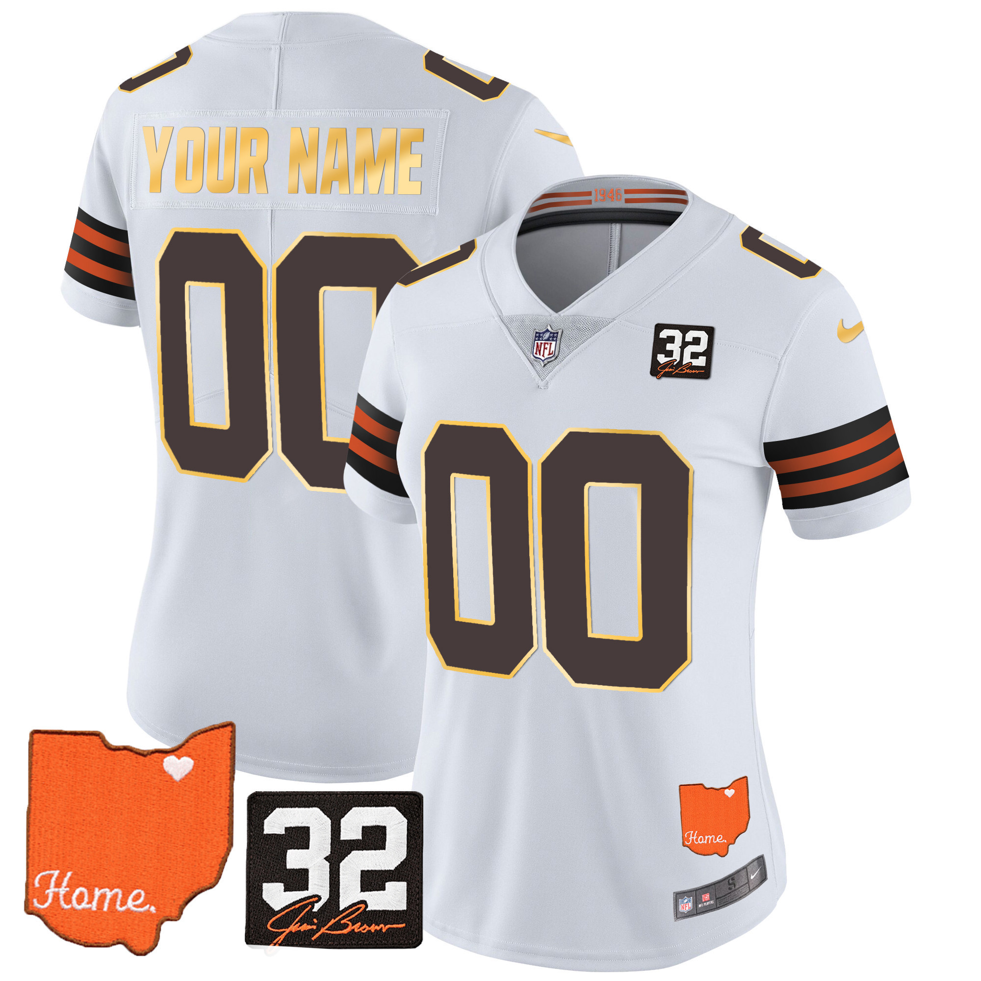 Men's Cleveland Browns #32 Jim Brown Memorial & Home Patch Gold Trim Custom Jersey - All Stitched - Image 7