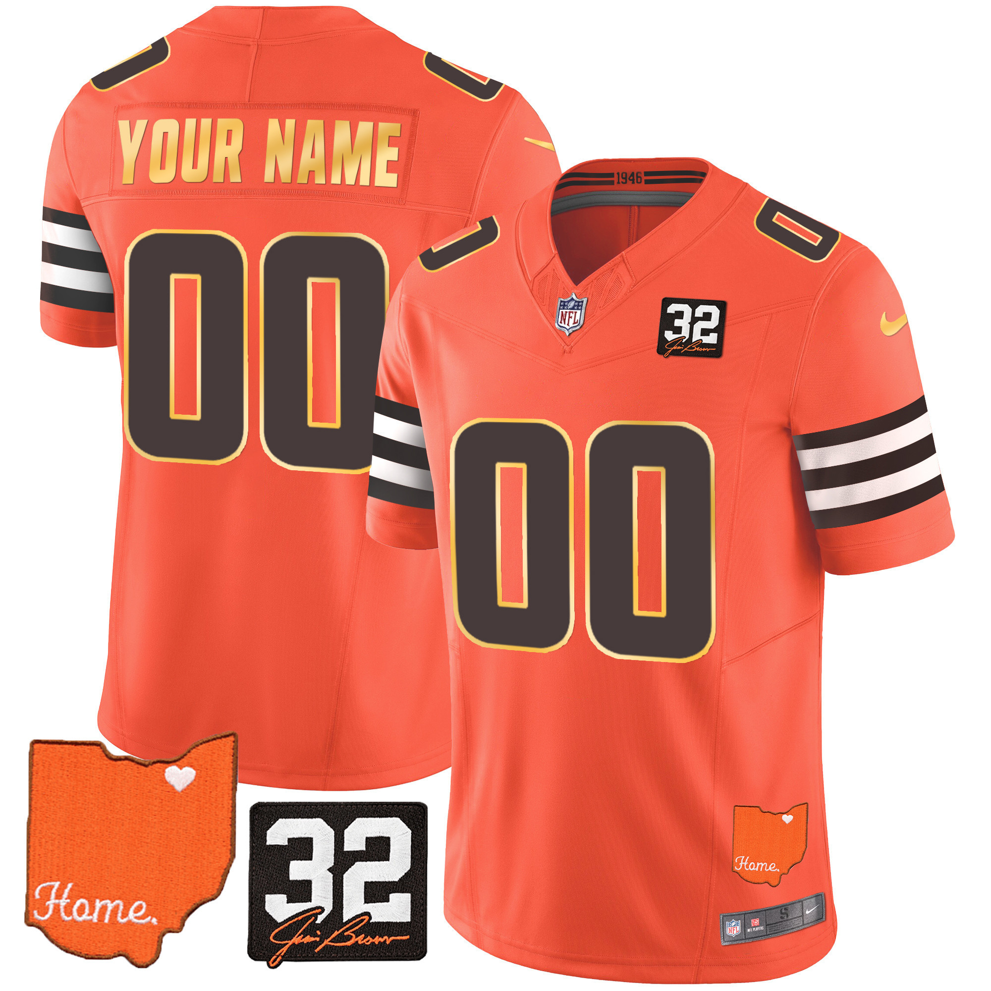 Men's Cleveland Browns #32 Jim Brown Memorial & Home Patch Gold Trim Custom Jersey - All Stitched - Image 4