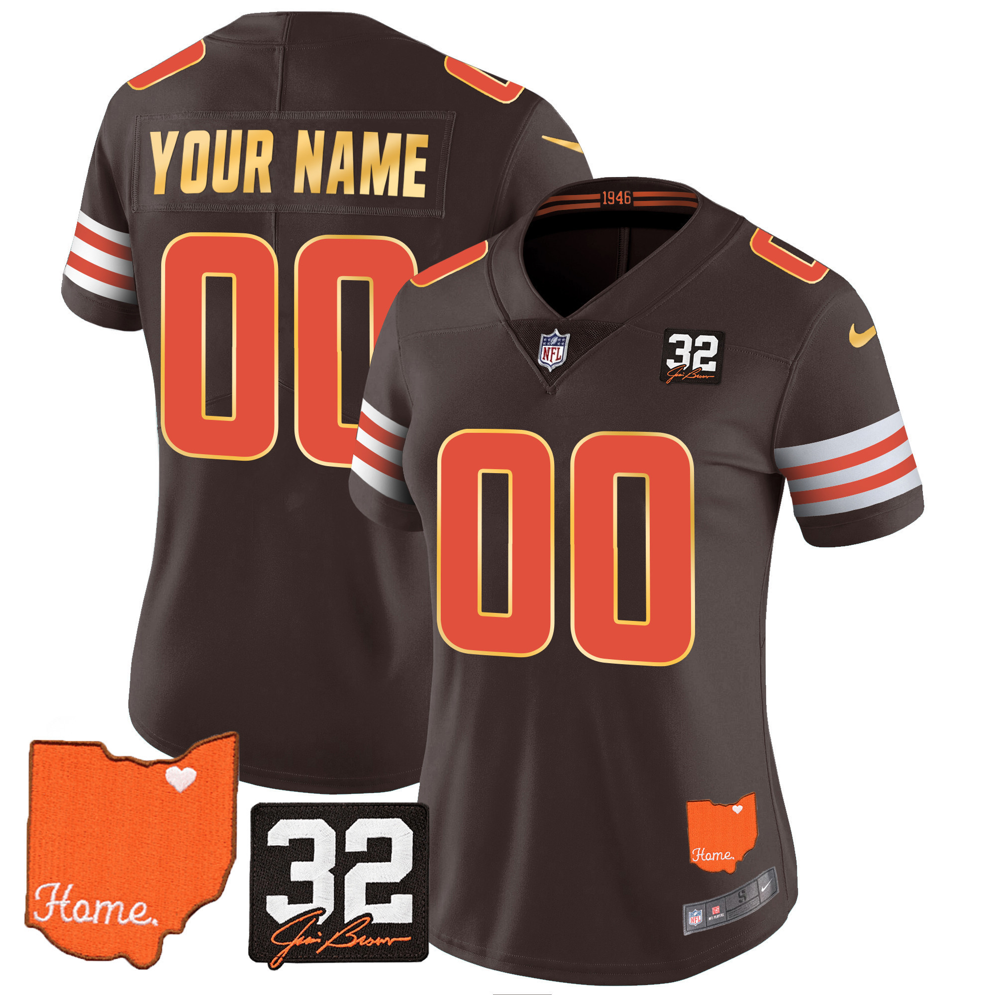 Men's Cleveland Browns #32 Jim Brown Memorial & Home Patch Gold Trim Custom Jersey - All Stitched - Image 6