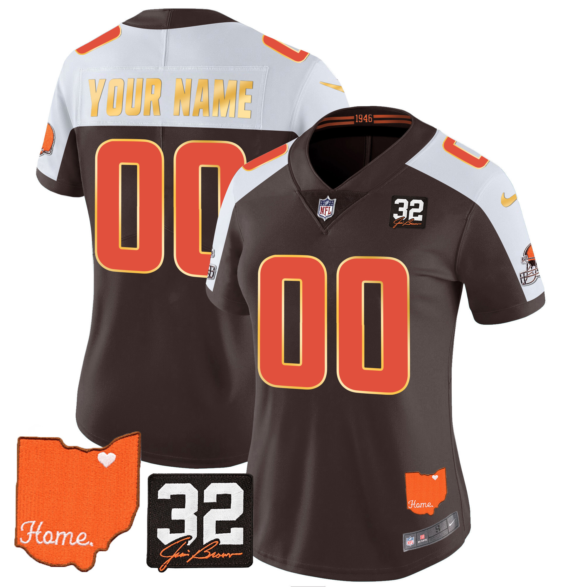 Men's Cleveland Browns #32 Jim Brown Memorial & Home Patch Gold Trim Custom Jersey - All Stitched - Image 5
