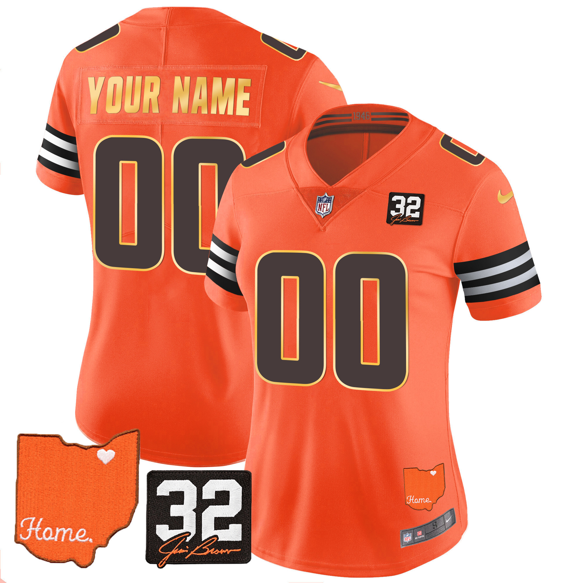 Men's Cleveland Browns #32 Jim Brown Memorial & Home Patch Gold Trim Custom Jersey - All Stitched - Image 8