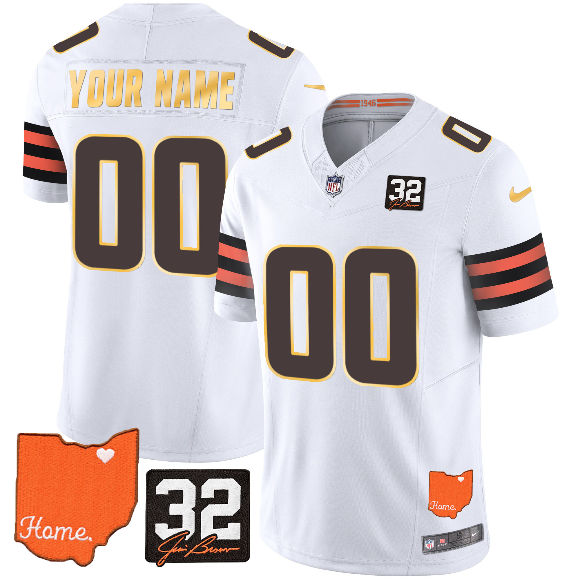 Men's Cleveland Browns #32 Jim Brown Memorial & Home Patch Gold Trim Custom Jersey - All Stitched - Image 3