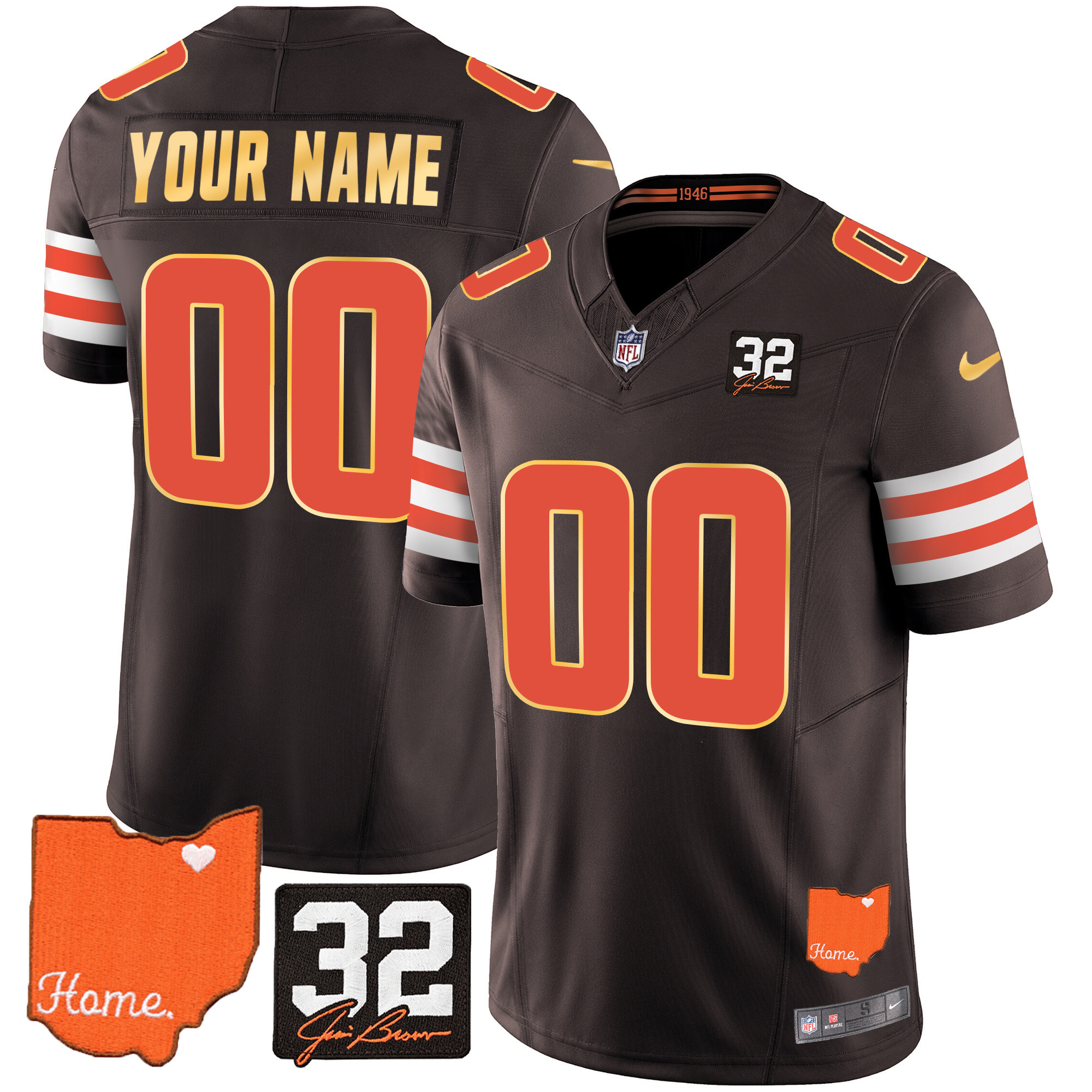 Men's Cleveland Browns #32 Jim Brown Memorial & Home Patch Gold Trim Custom Jersey - All Stitched - Image 2