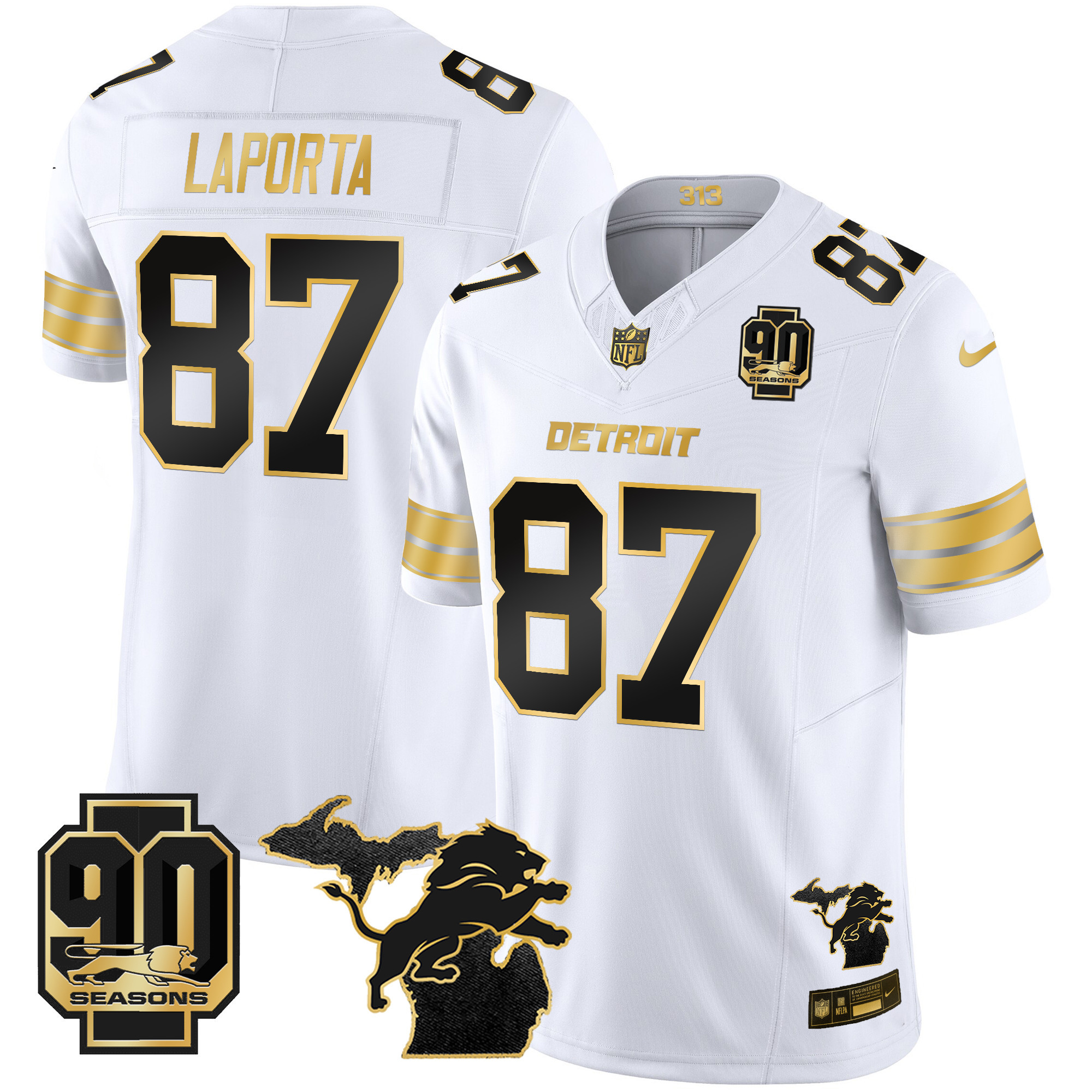 Men's Detroit Lions 2024 Michigan & 90th Season Patch Gold Vapor Limited Jersey - All Stitched - Image 13