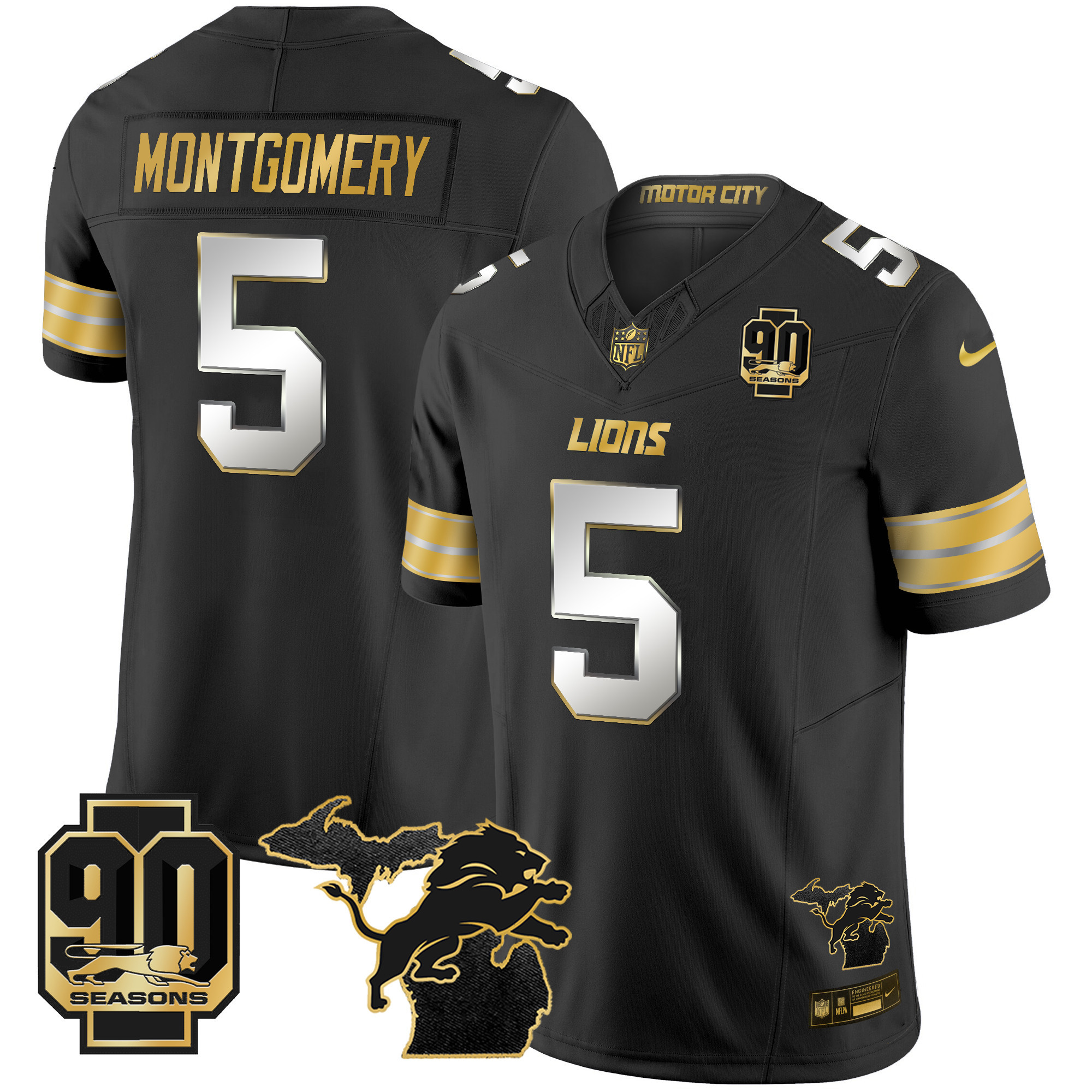 Men's Detroit Lions 2024 Michigan & 90th Season Patch Gold Vapor Limited Jersey - All Stitched - Image 25