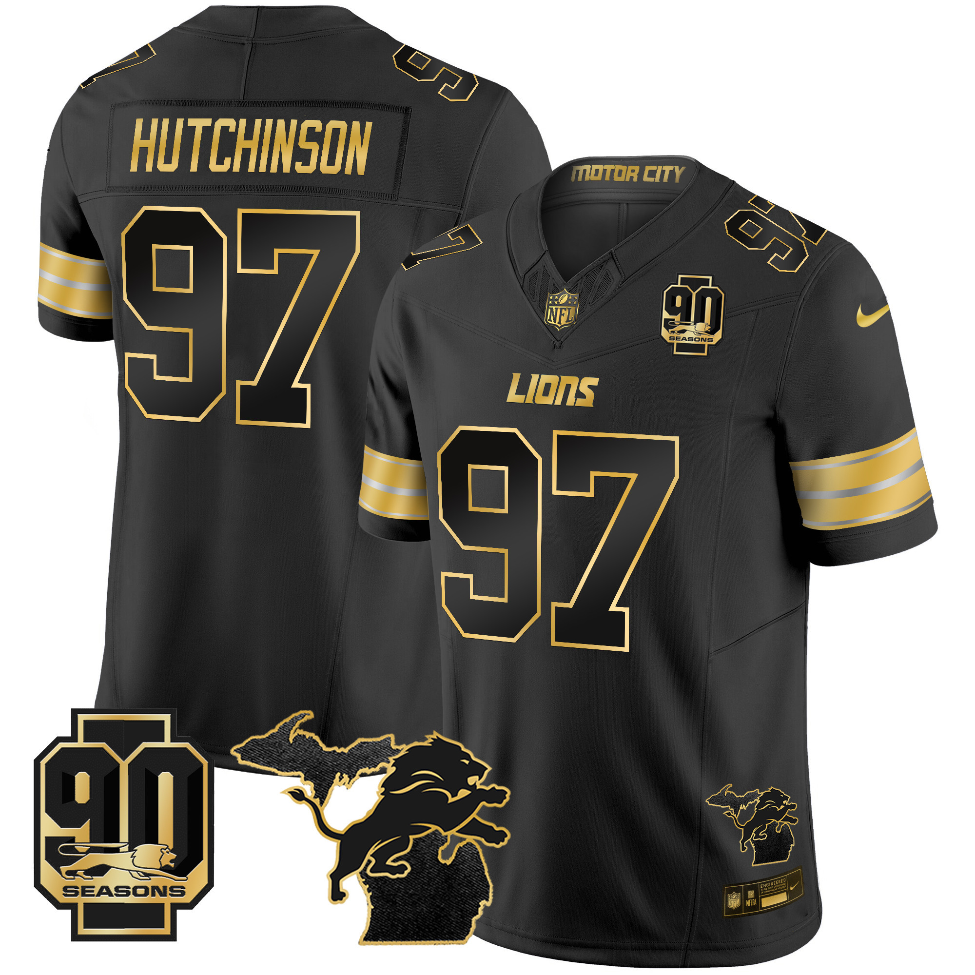 Men's Detroit Lions 2024 Michigan & 90th Season Patch Gold Vapor Limited Jersey - All Stitched - Image 16
