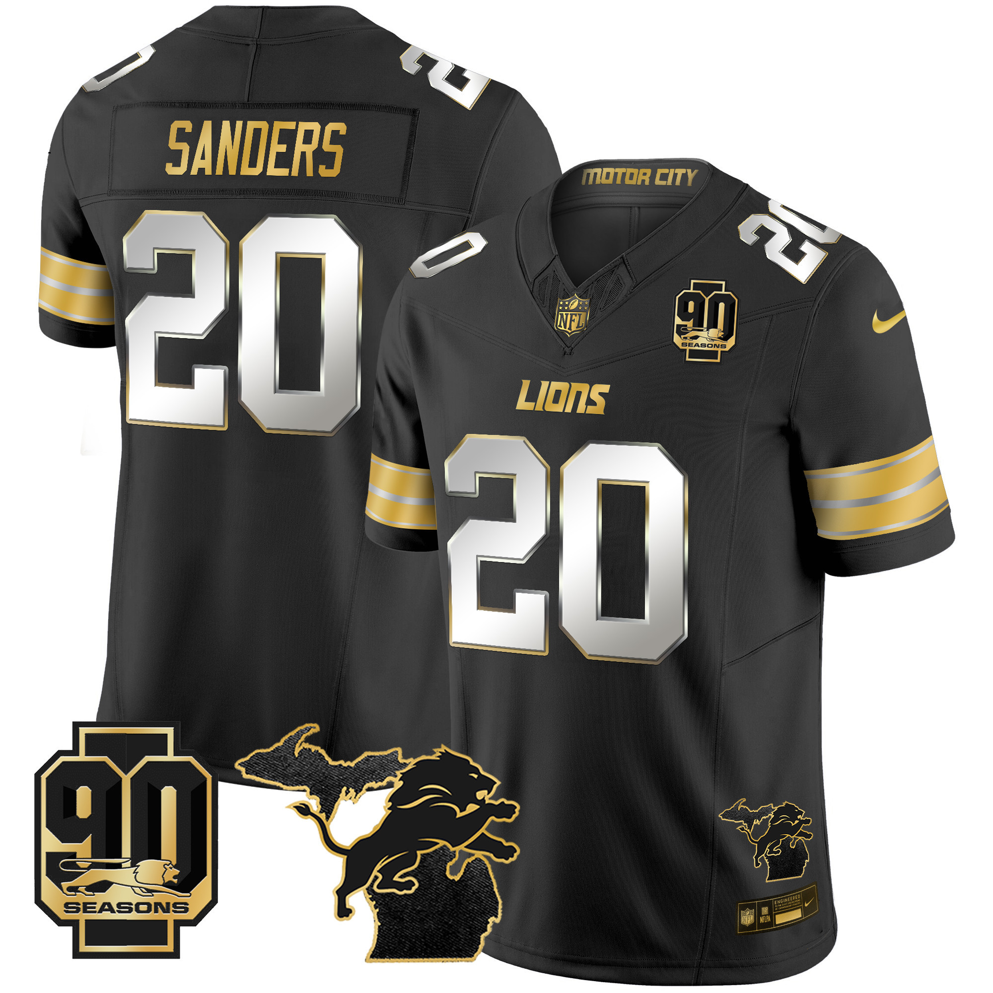 Men's Detroit Lions 2024 Michigan & 90th Season Patch Gold Vapor Limited Jersey - All Stitched - Image 26