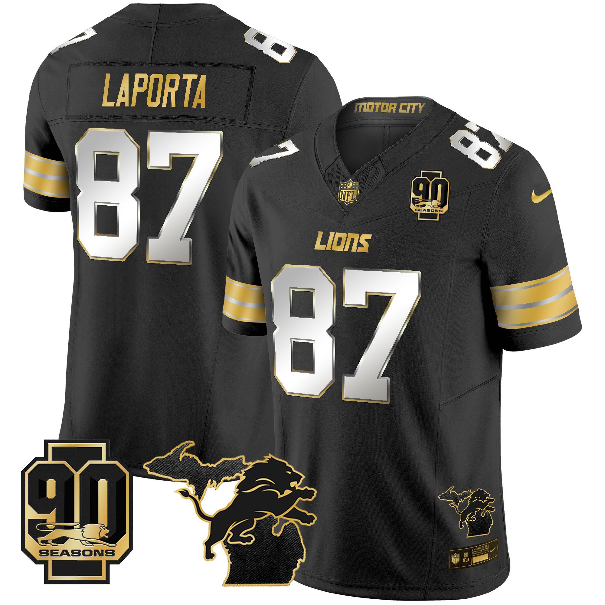Men's Detroit Lions 2024 Michigan & 90th Season Patch Gold Vapor Limited Jersey - All Stitched - Image 27
