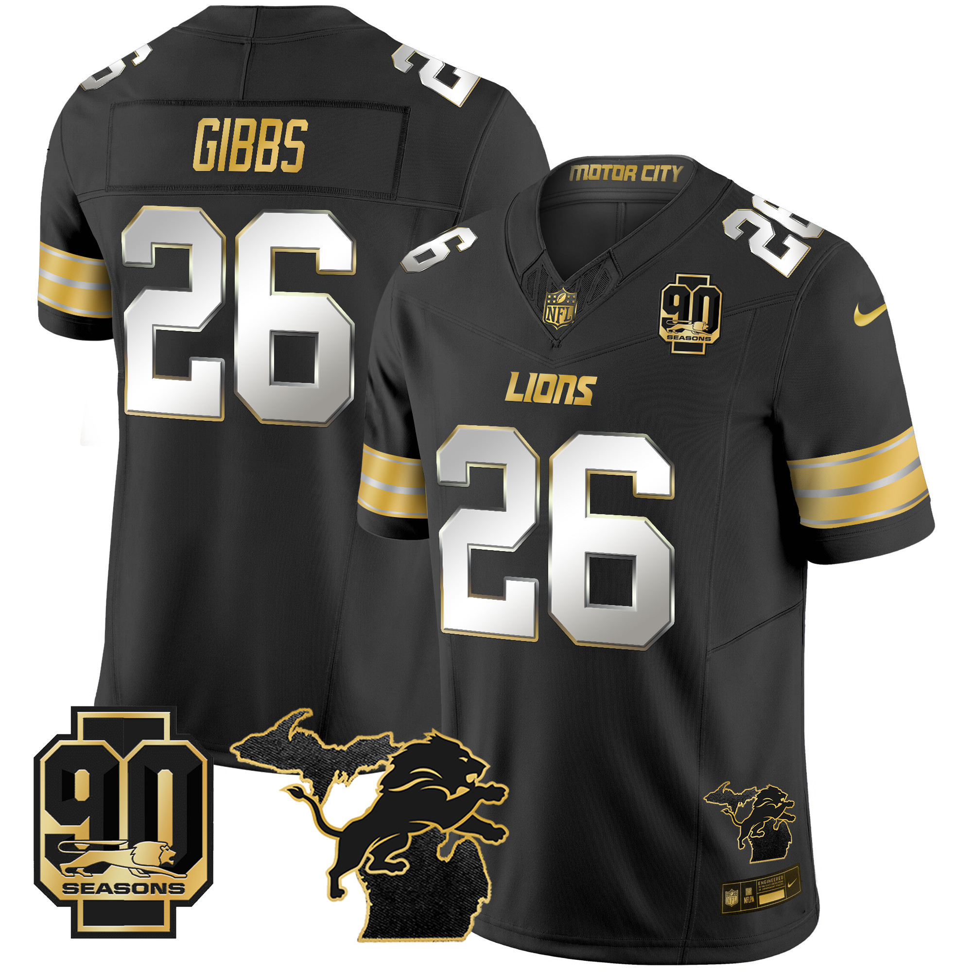 Men's Detroit Lions 2024 Michigan & 90th Season Patch Gold Vapor Limited Jersey - All Stitched - Image 28