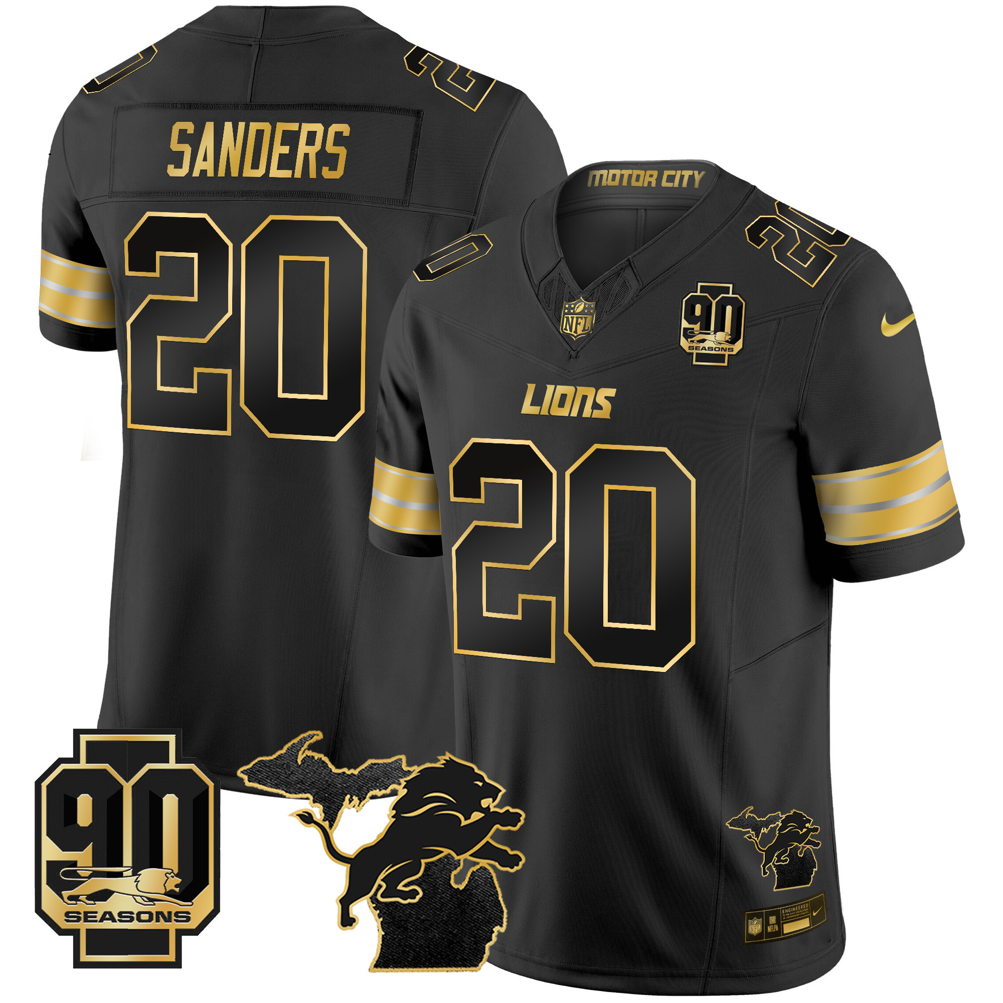 Men's Detroit Lions 2024 Michigan & 90th Season Patch Gold Vapor Limited Jersey - All Stitched - Image 19