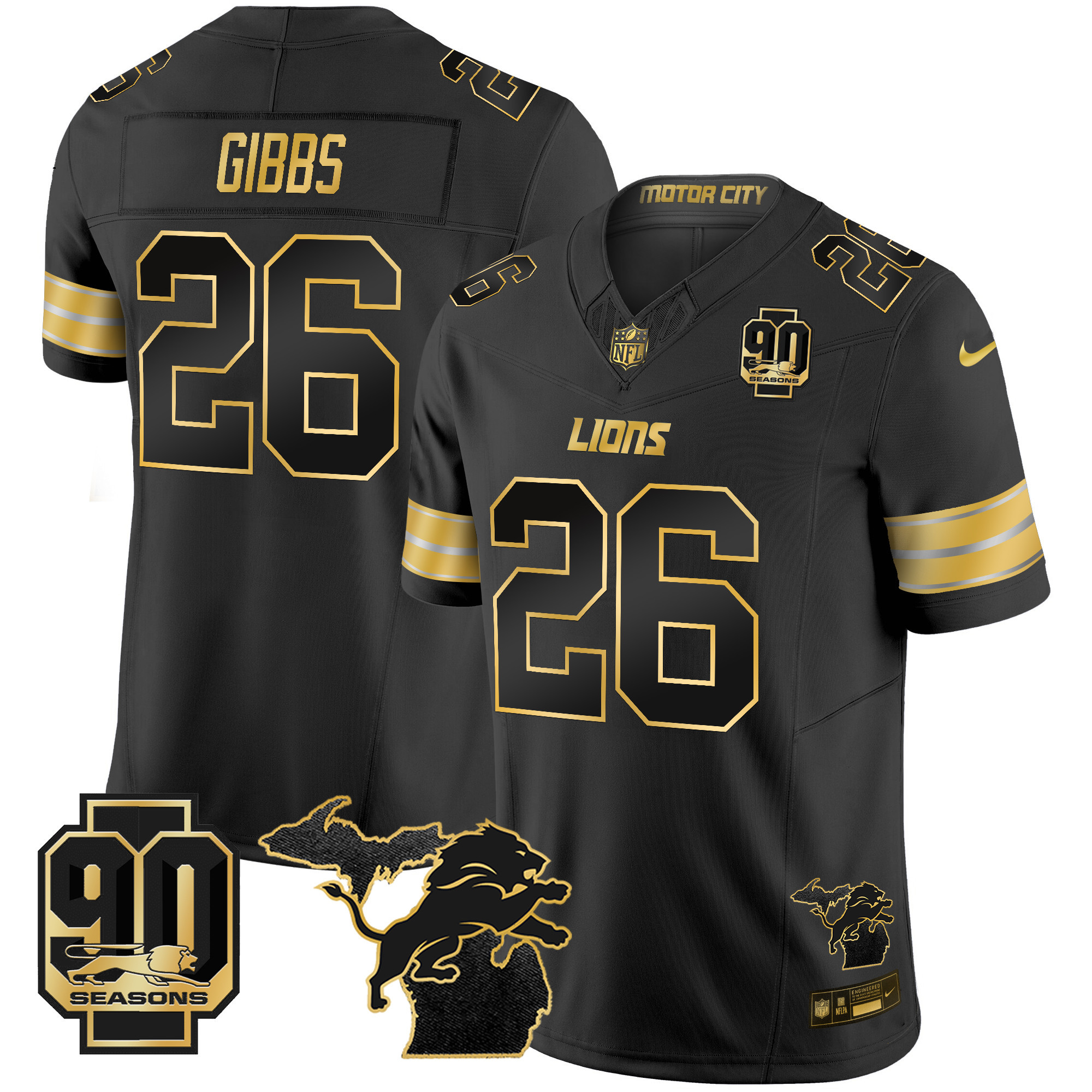 Men's Detroit Lions 2024 Michigan & 90th Season Patch Gold Vapor Limited Jersey - All Stitched - Image 21
