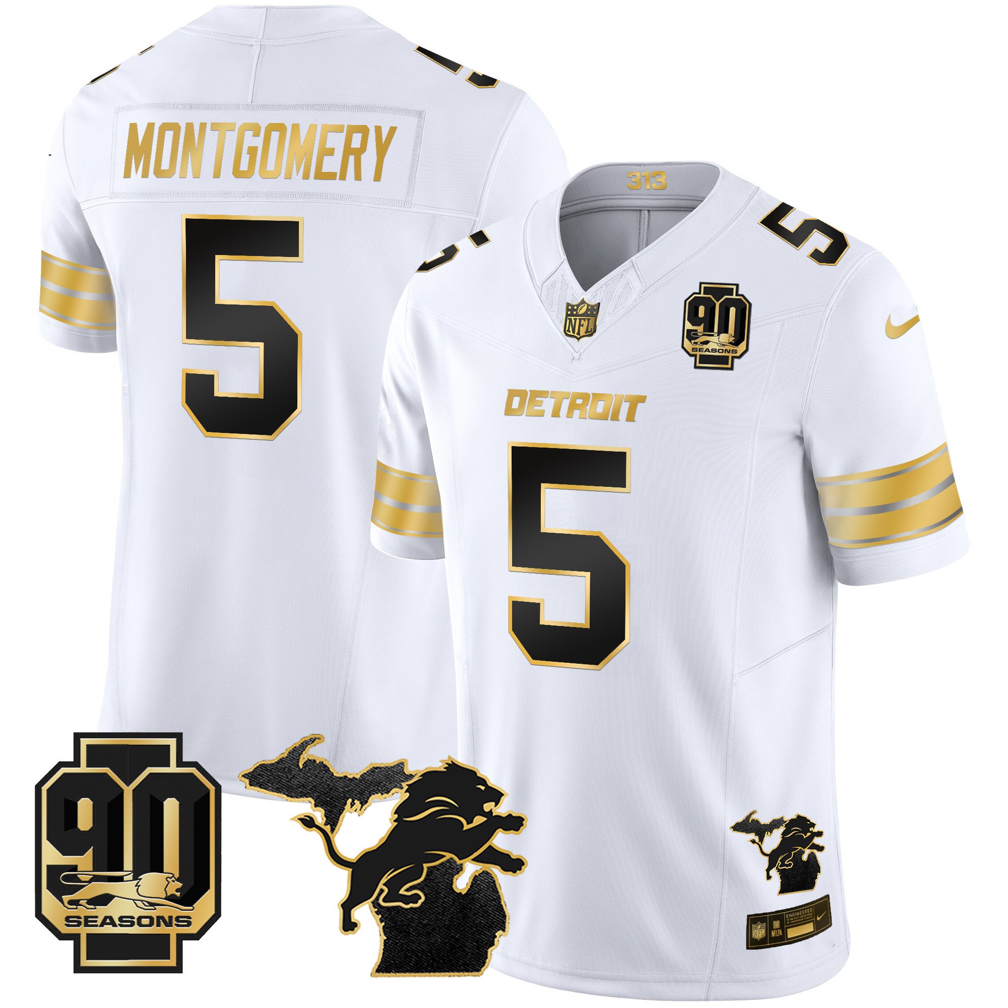 Men's Detroit Lions 2024 Michigan & 90th Season Patch Gold Vapor Limited Jersey - All Stitched - Image 11