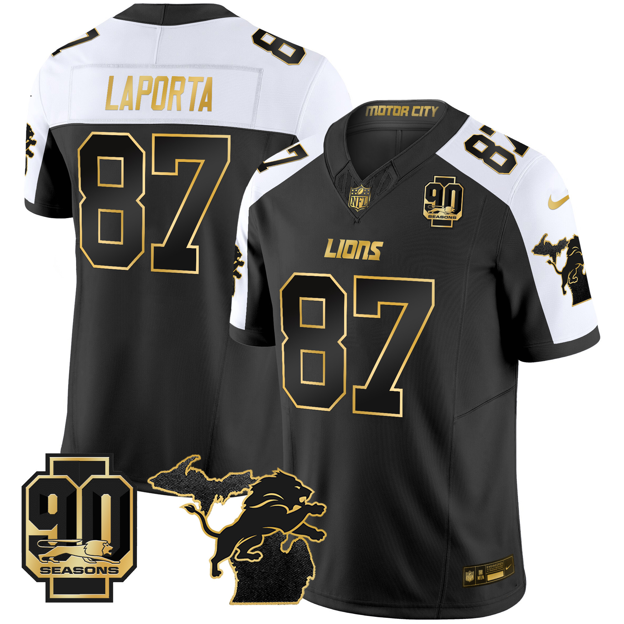 Men's Detroit Lions 2024 Michigan & 90th Season Patch Gold Vapor Limited Jersey - All Stitched - Image 6