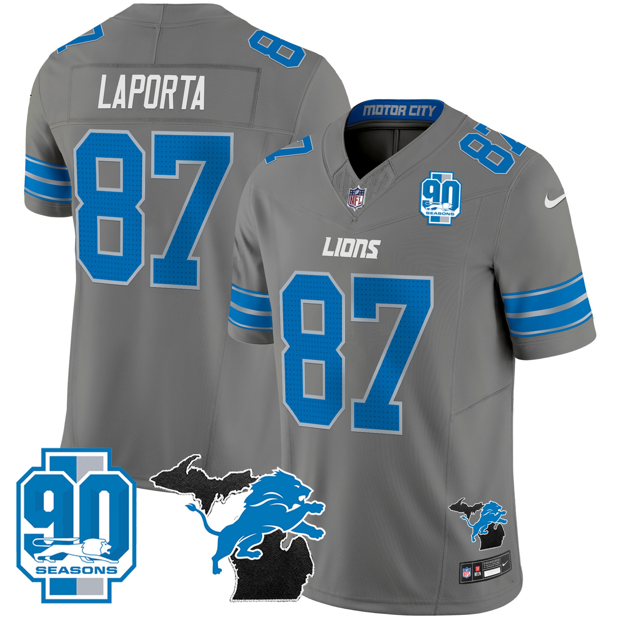 Men's Detroit Lions 2024 Michigan & 90th Year Patch Vapor Jersey - All Stitched - Image 34