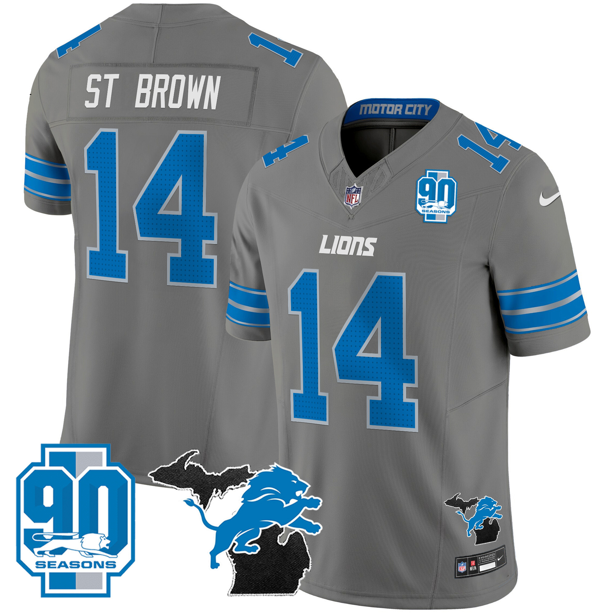Men's Detroit Lions 2024 Michigan & 90th Year Patch Vapor Jersey - All Stitched - Image 31