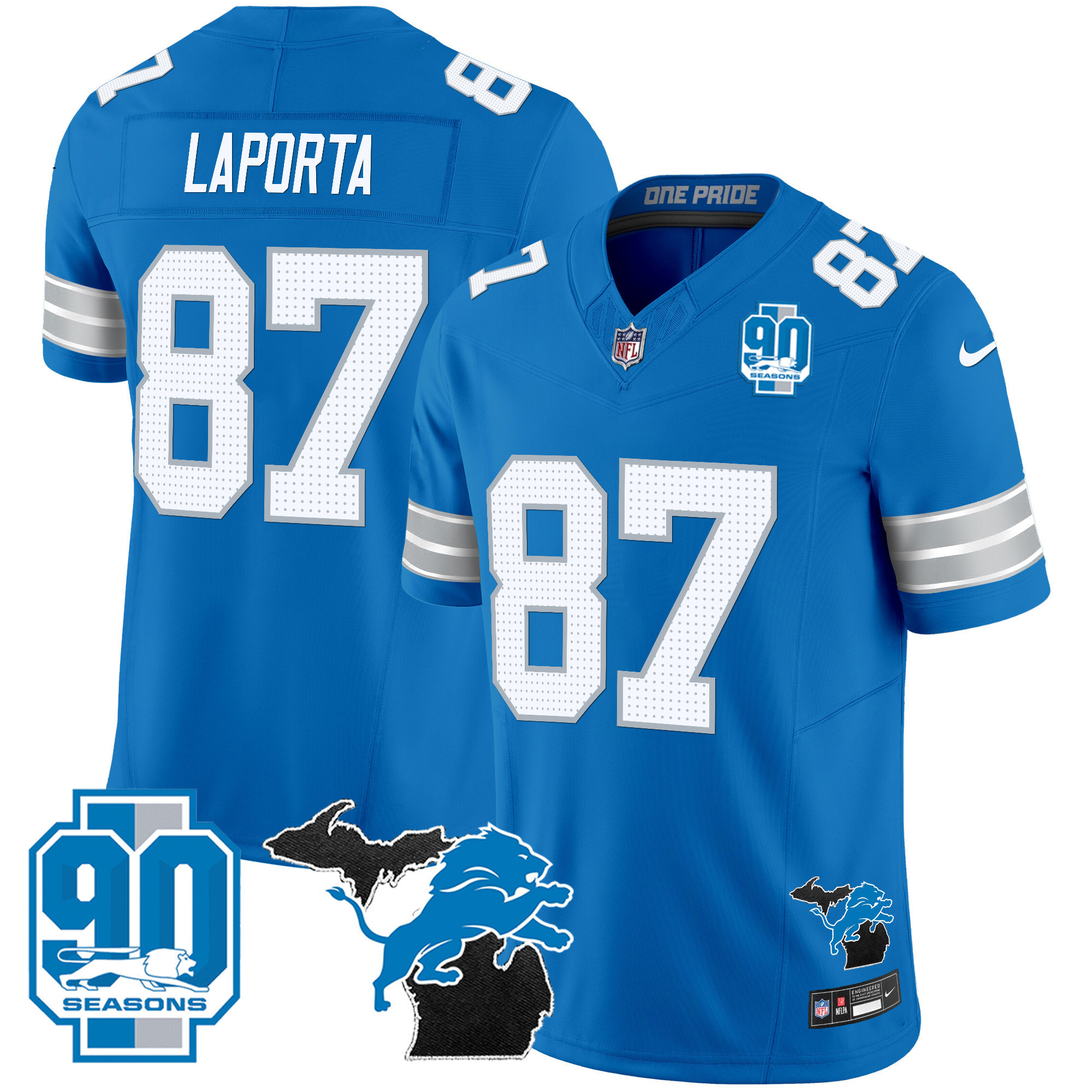 Men's Detroit Lions 2024 Michigan & 90th Year Patch Vapor Jersey - All Stitched - Image 27