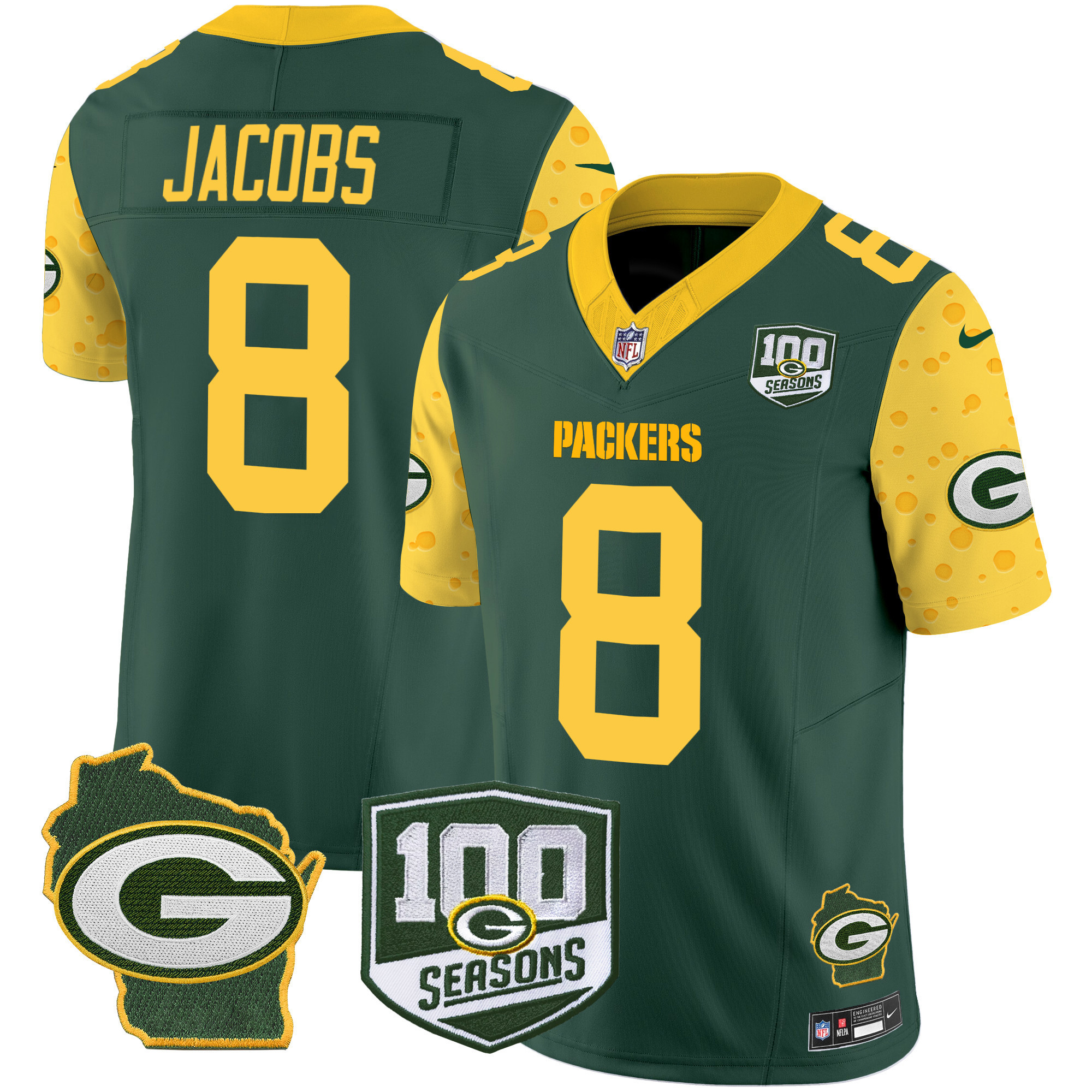 Men's Green Bay Packers 100th Season & Home Patch Cheese Vapor Limited Jersey – All Stitched - Image 2