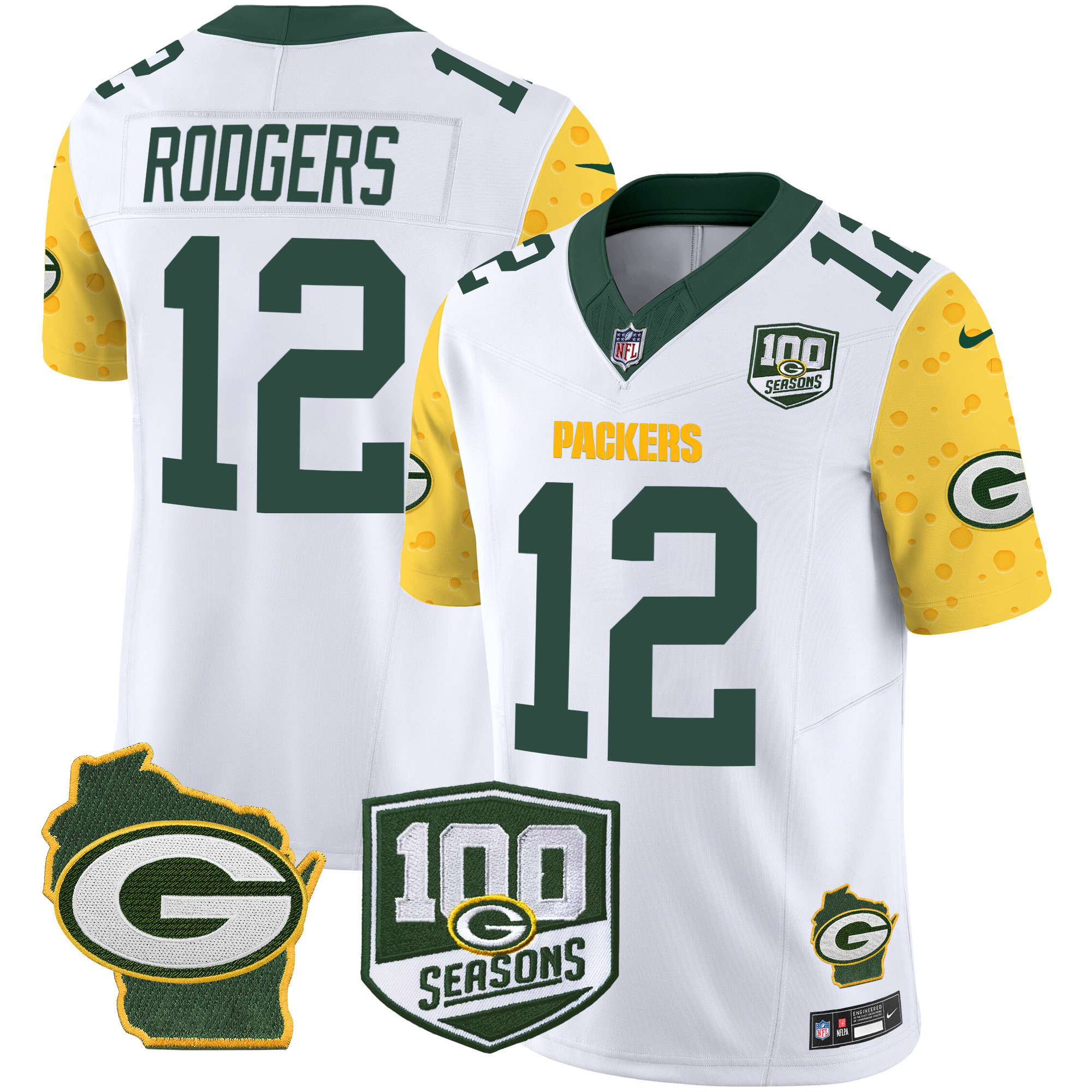 Men's Green Bay Packers 100th Season & Home Patch Cheese Vapor Limited Jersey – All Stitched - Image 12