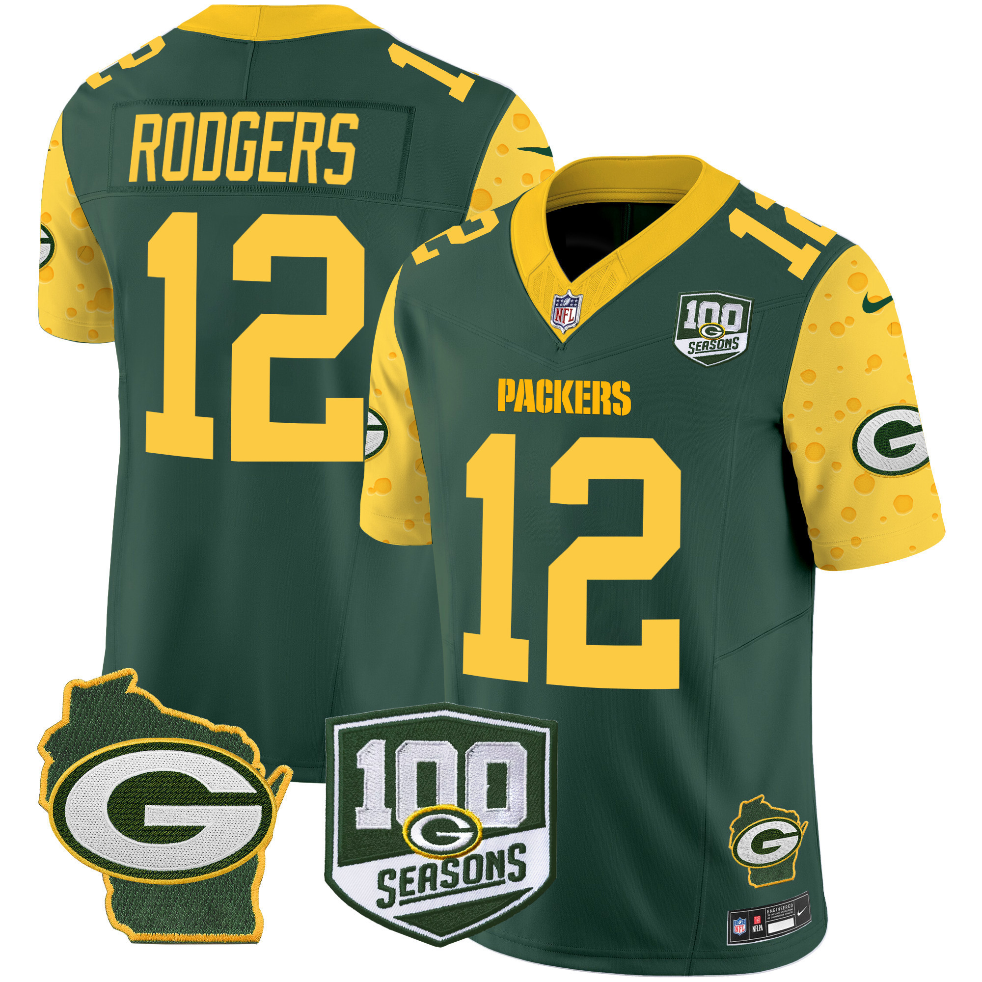 Men's Green Bay Packers 100th Season & Home Patch Cheese Vapor Limited Jersey – All Stitched - Image 5