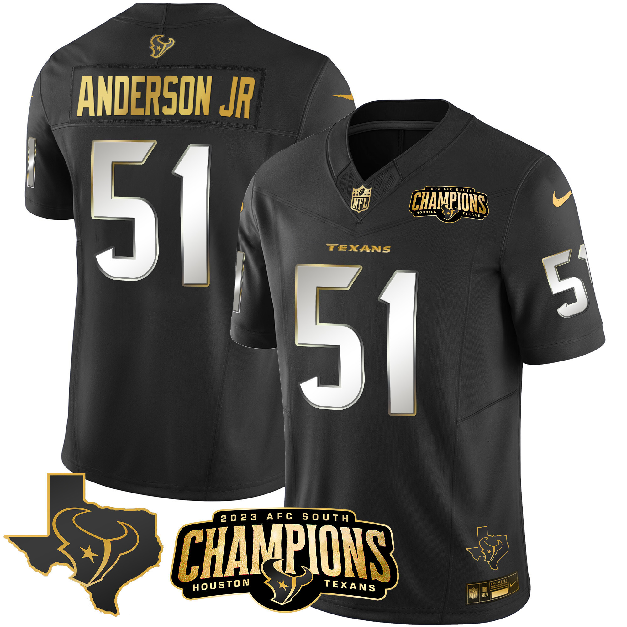 Men's Houston Texans 2023 AFC South Champions Patch Gold Vapor Jersey - All Stitched - Image 11