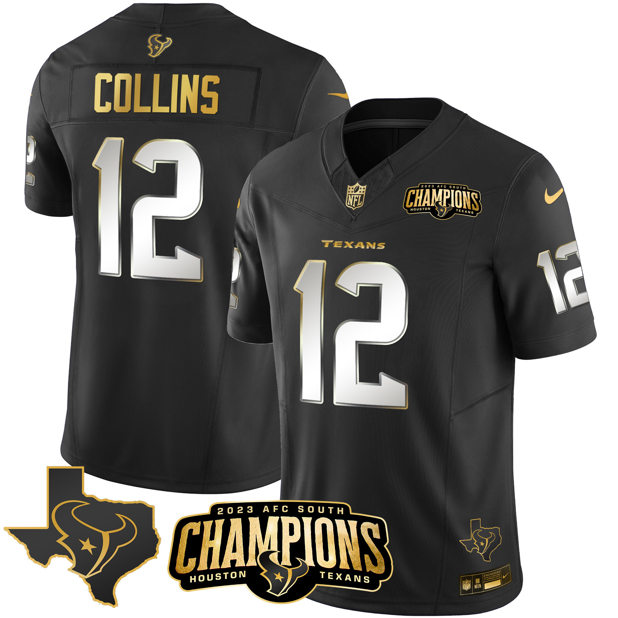 Men's Houston Texans 2023 AFC South Champions Patch Gold Vapor Jersey - All Stitched - Image 10