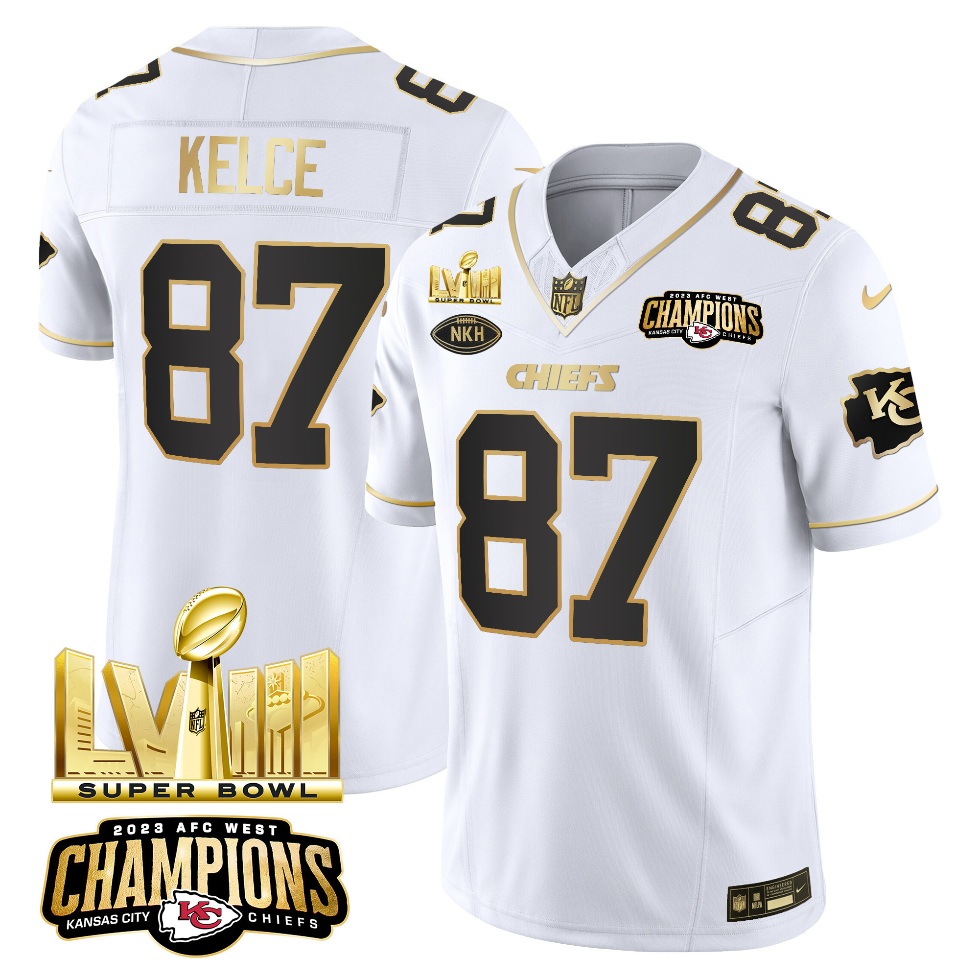 Men's Kansas City Chiefs AFC West Champions & Super Bowl LVIII Gold Patch Vapor Jersey V2 - All Stitched - Image 16
