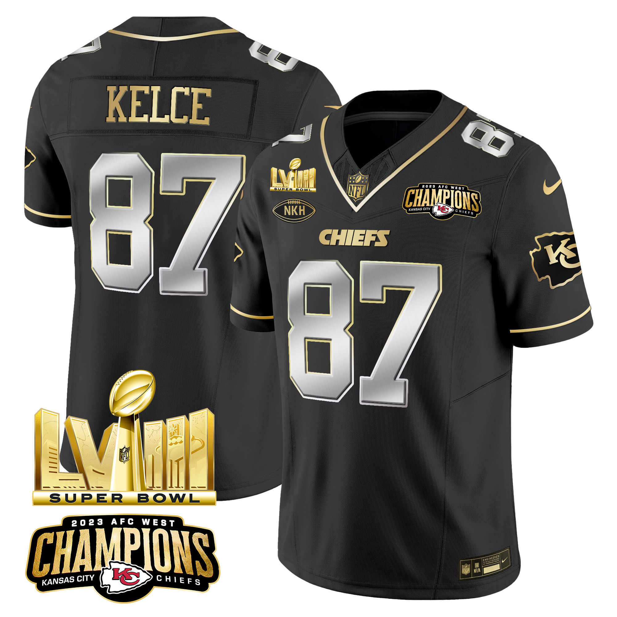 Men's Kansas City Chiefs AFC West Champions & Super Bowl LVIII Gold Patch Vapor Jersey V2 - All Stitched - Image 2