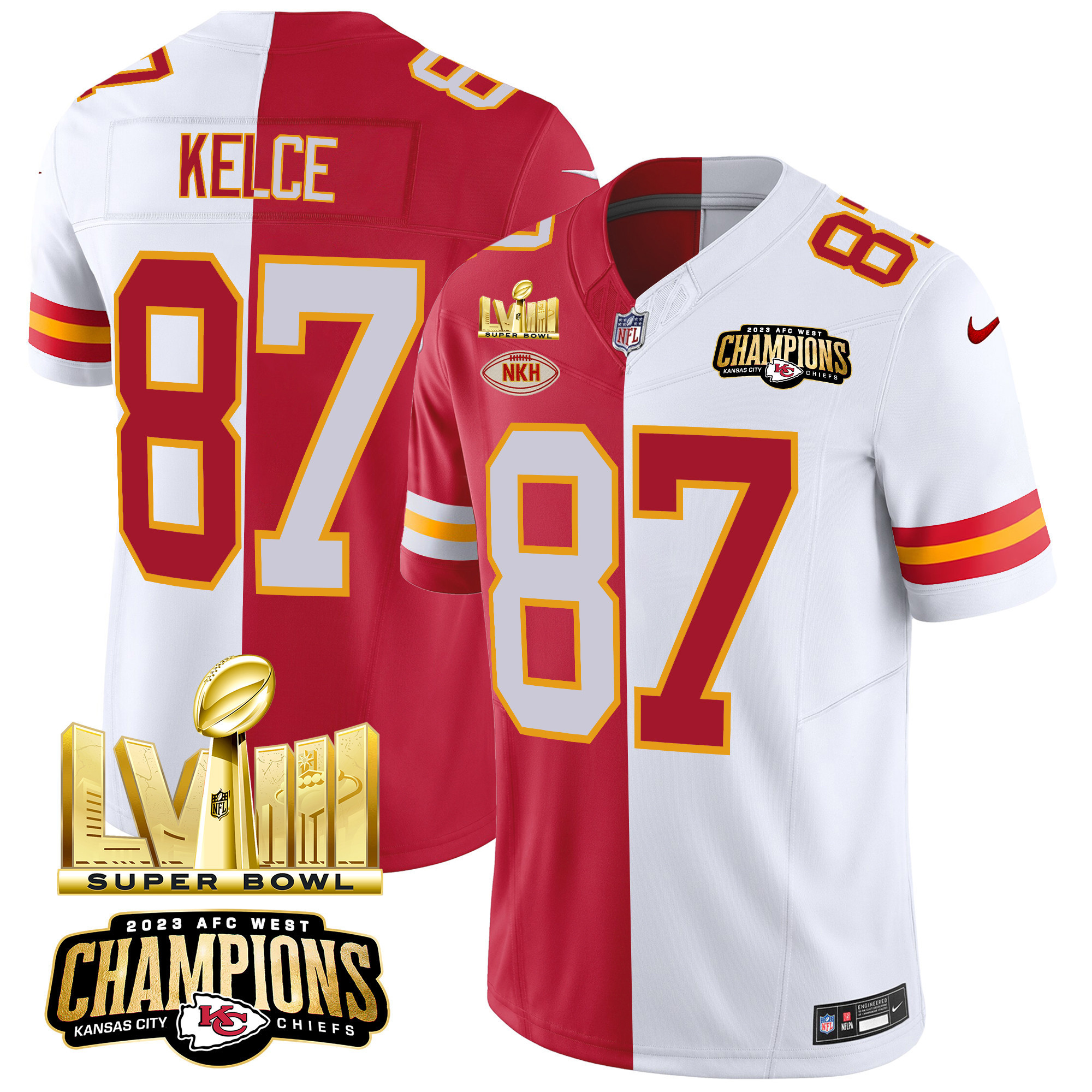 Men's Kansas City Chiefs AFC West Champions & Super Bowl LVIII Gold Patch Vapor Jersey V2 - All Stitched - Image 30