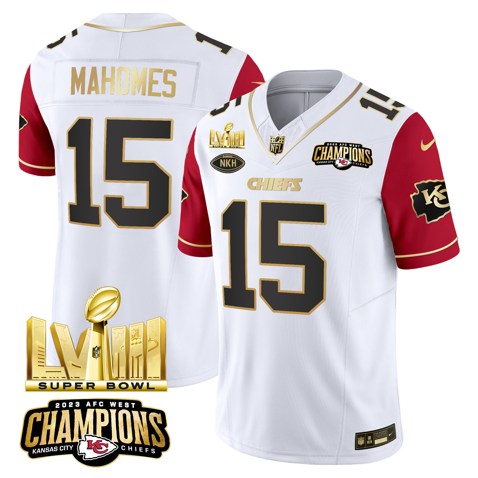 Men's Kansas City Chiefs AFC West Champions & Super Bowl LVIII Gold Patch Vapor Jersey V2 - All Stitched - Image 36