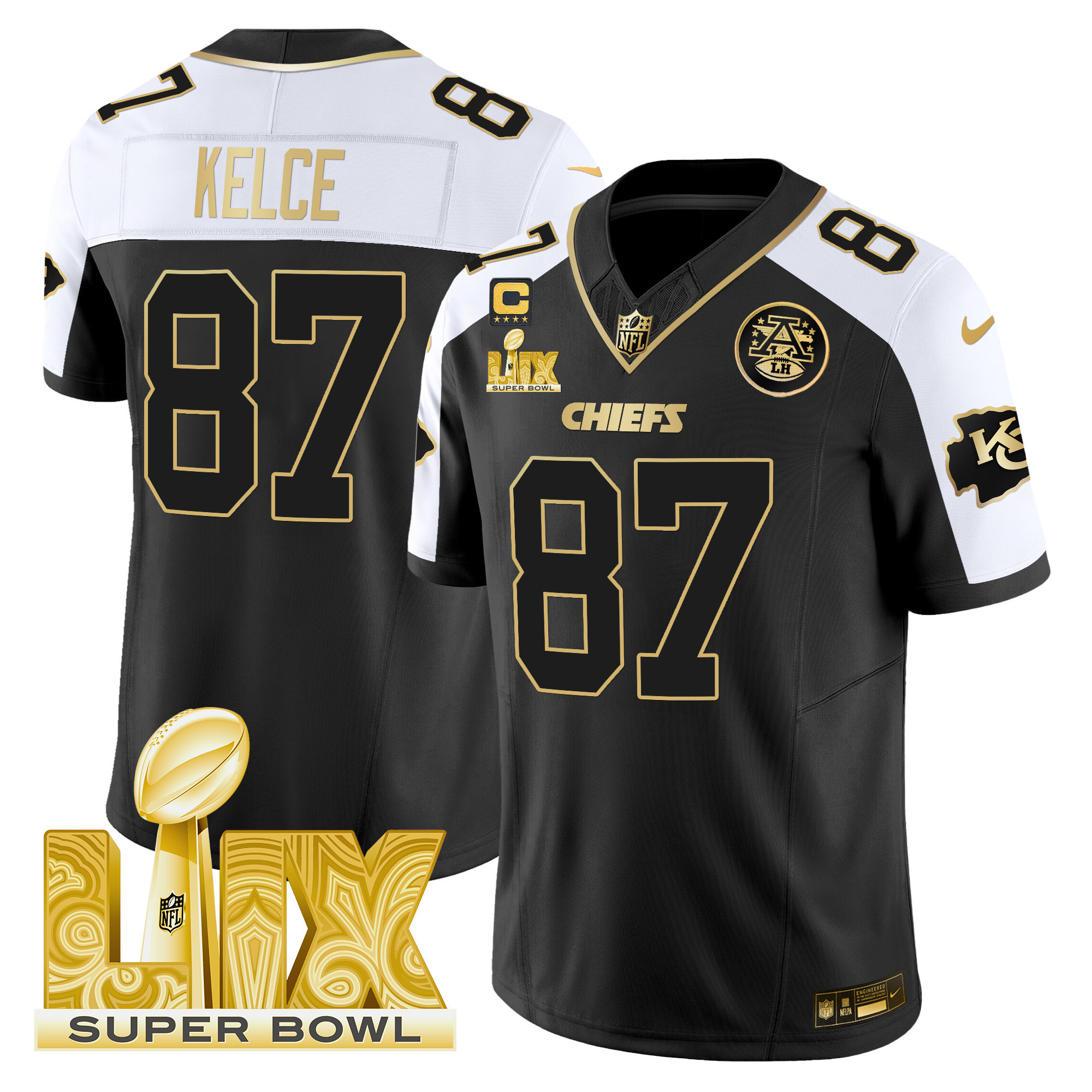 Men's Kansas City Chiefs Super Bowl LIX Patch Gold Vapor Limited Jersey - All Stitched - Image 2