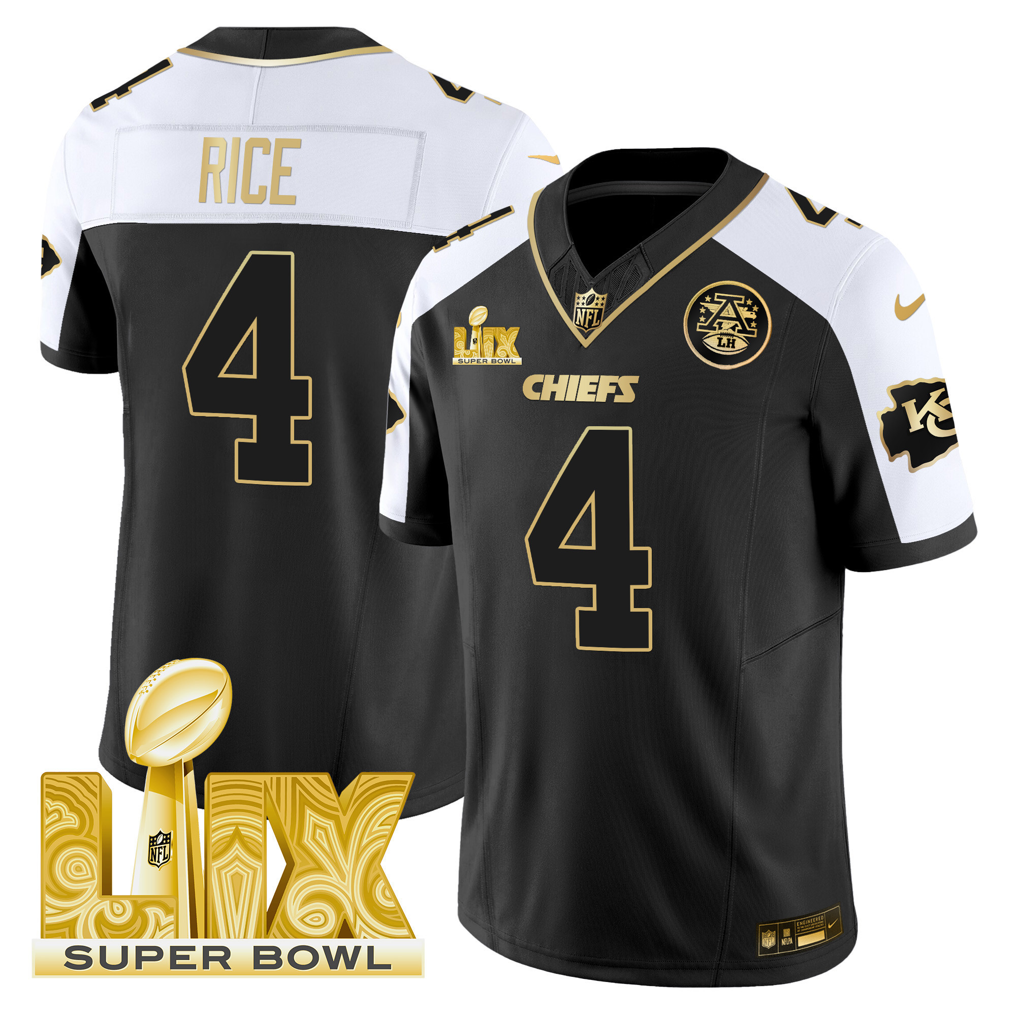 Men's Kansas City Chiefs Super Bowl LIX Patch Gold Vapor Limited Jersey - All Stitched - Image 6