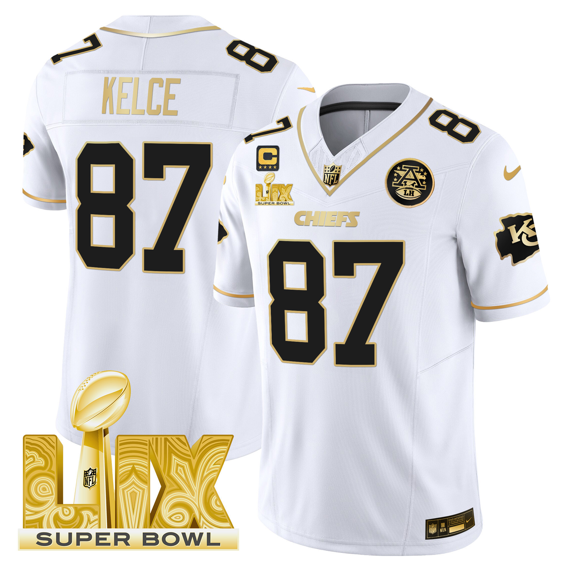 Men's Kansas City Chiefs Super Bowl LIX Patch Gold Vapor Limited Jersey - All Stitched - Image 12