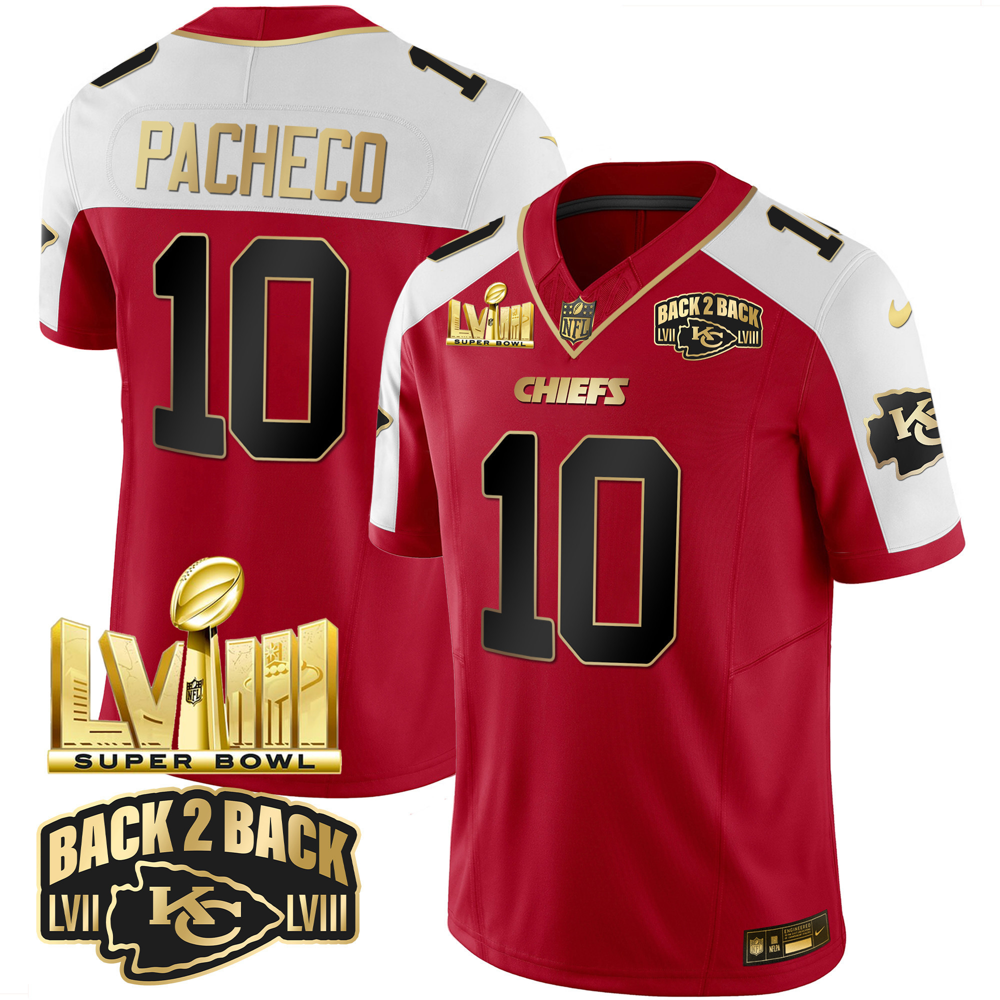 Men's Kansas City Chiefs Super Bowl LVIII & Back 2 Back Gold Patch Vapor Jersey - All Stitched - Image 11