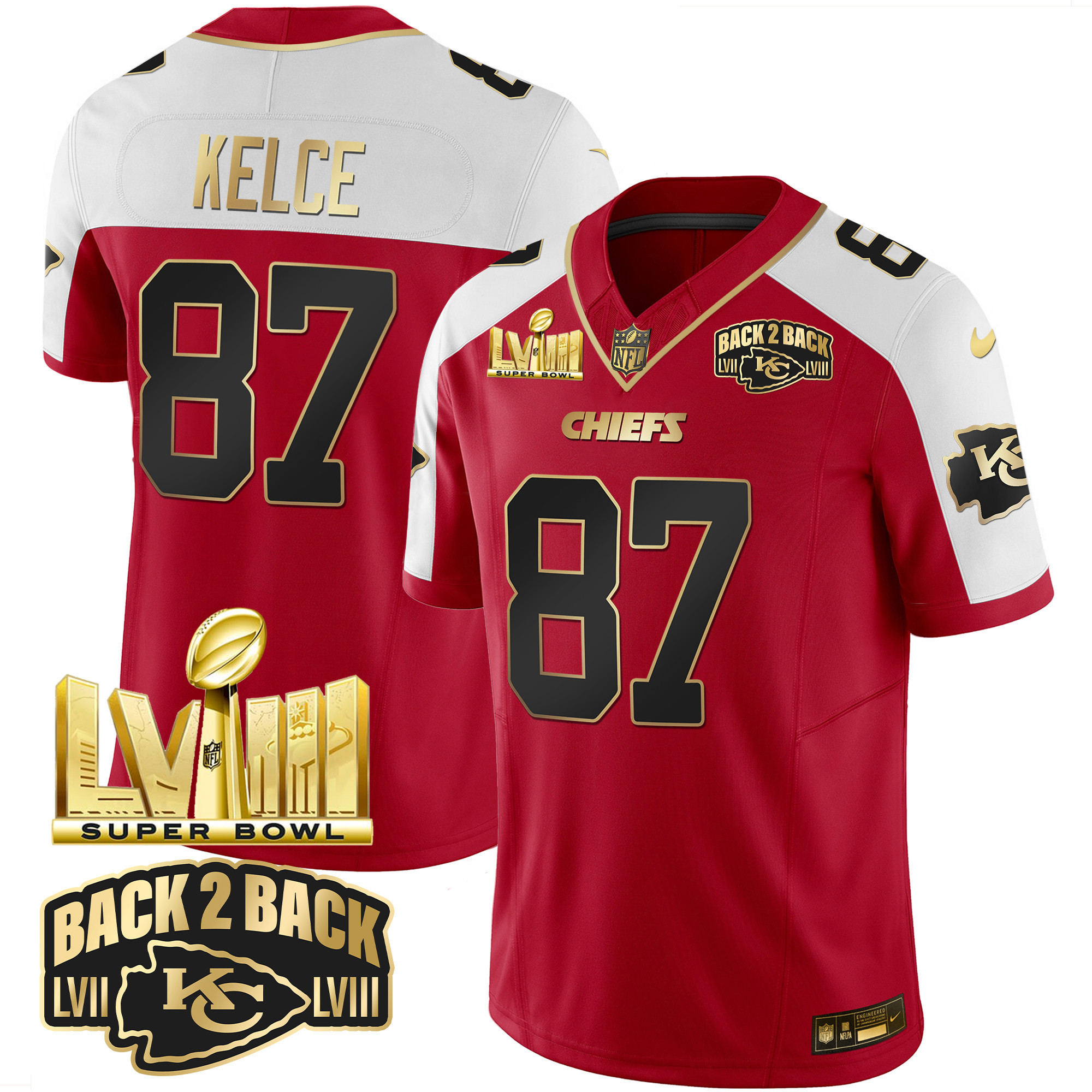 Men's Kansas City Chiefs Super Bowl LVIII & Back 2 Back Gold Patch Vapor Jersey - All Stitched - Image 9