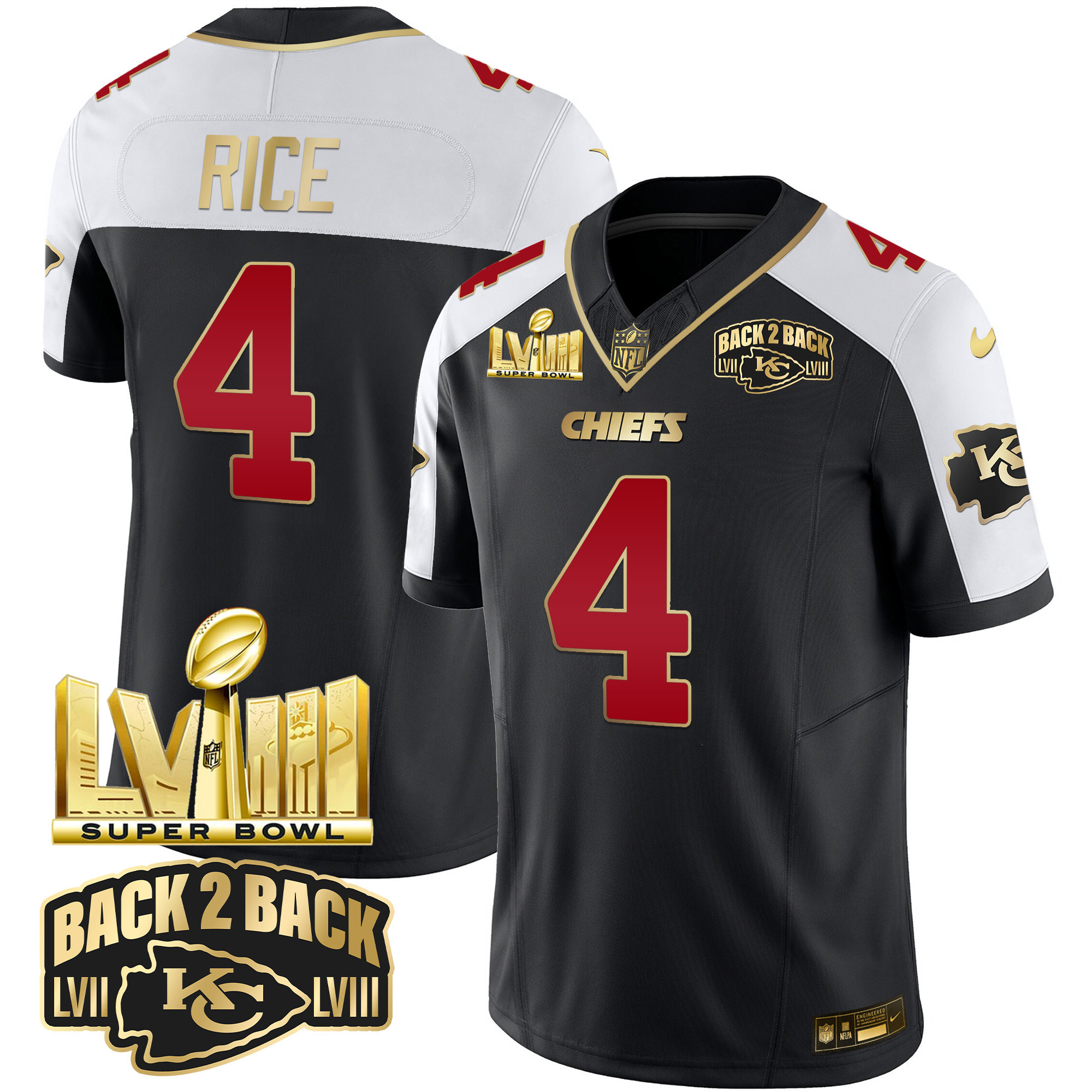 Men's Kansas City Chiefs Super Bowl LVIII & Back 2 Back Gold Patch Vapor Jersey - All Stitched - Image 7