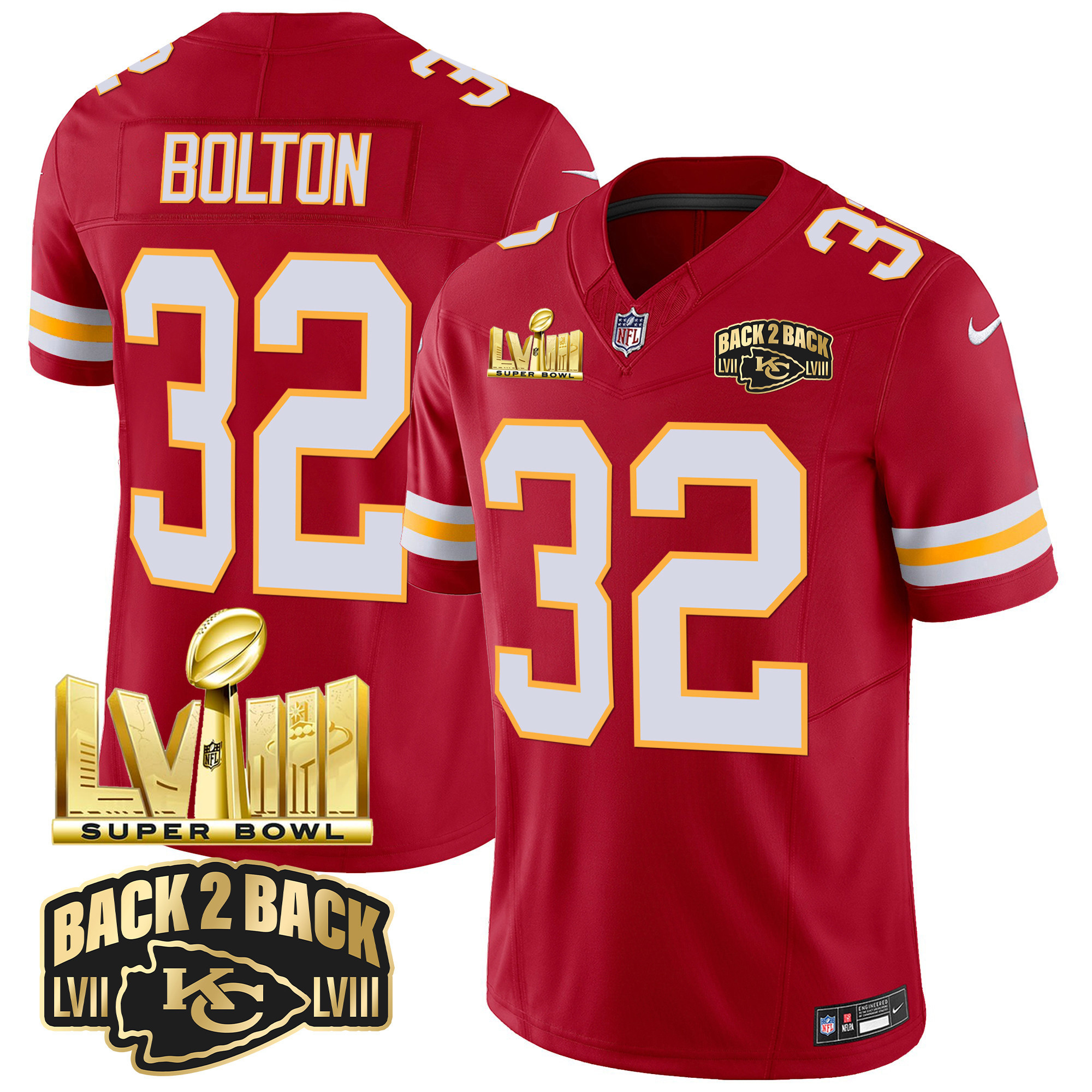 Men's Kansas City Chiefs Super Bowl LVIII & Back 2 Back Gold Patch Vapor Jersey - All Stitched - Image 41