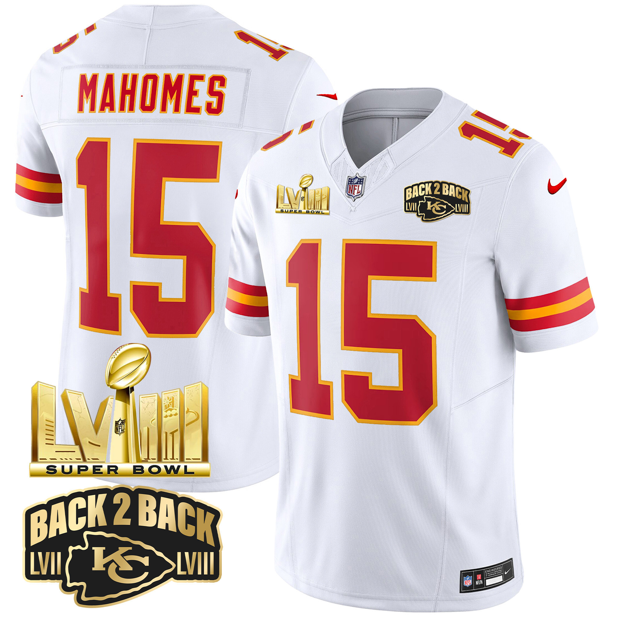 Men's Kansas City Chiefs Super Bowl LVIII & Back 2 Back Gold Patch Vapor Jersey - All Stitched - Image 43