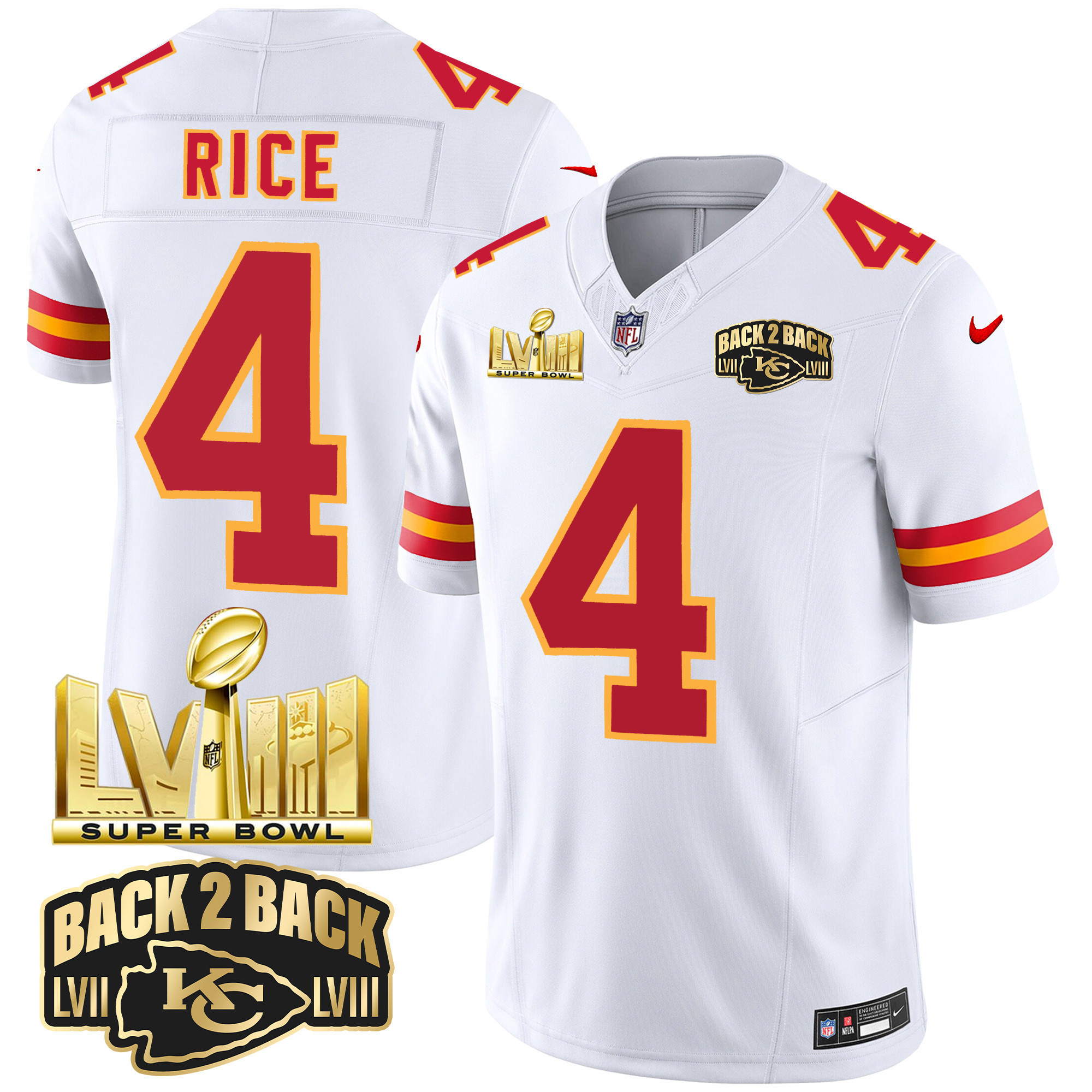 Men's Kansas City Chiefs Super Bowl LVIII & Back 2 Back Gold Patch Vapor Jersey - All Stitched - Image 49