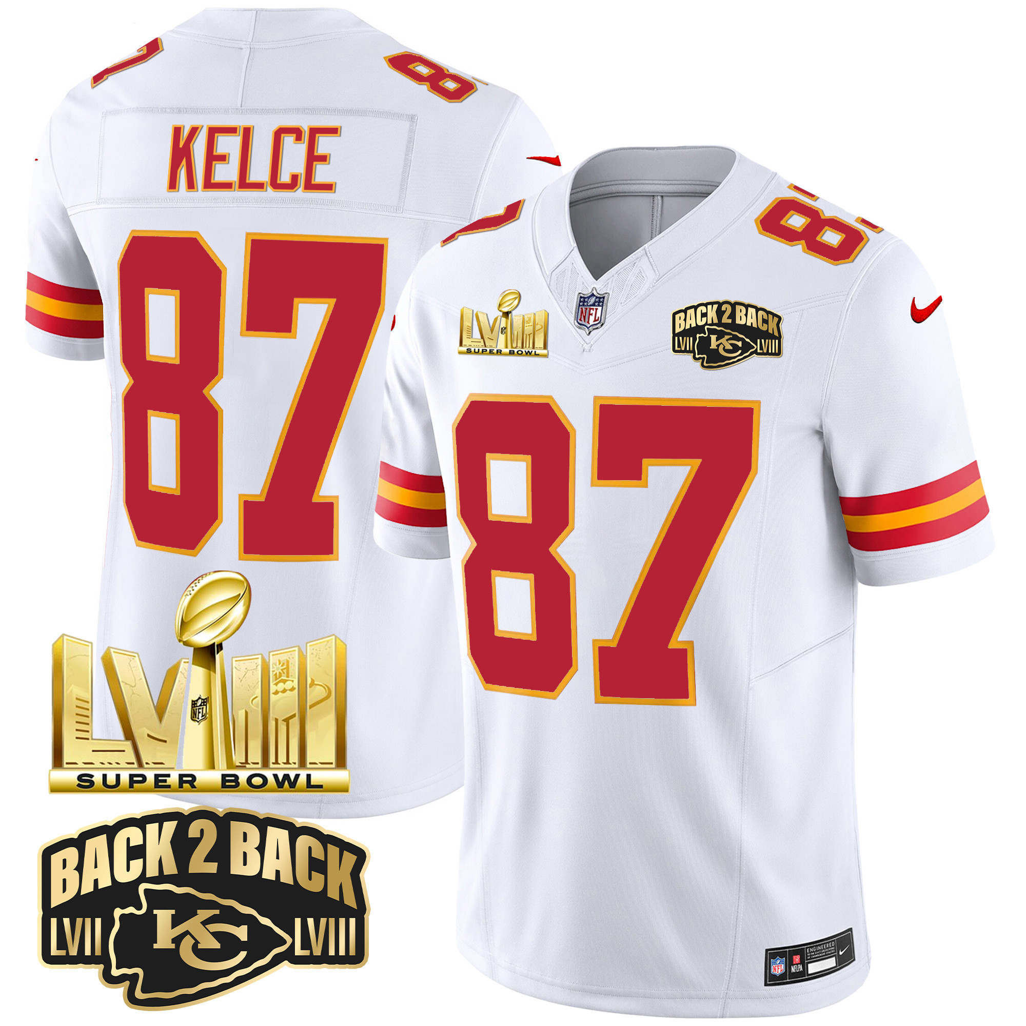 Men's Kansas City Chiefs Super Bowl LVIII & Back 2 Back Gold Patch Vapor Jersey - All Stitched - Image 44
