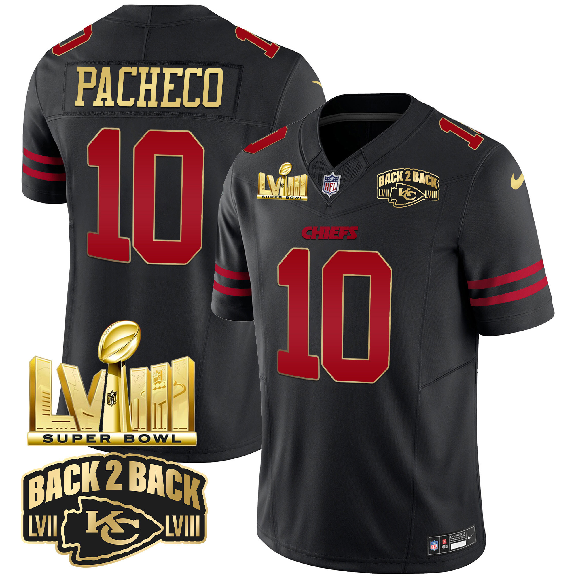 Men's Kansas City Chiefs Super Bowl LVIII & Back 2 Back Gold Patch Vapor Jersey - All Stitched - Image 32