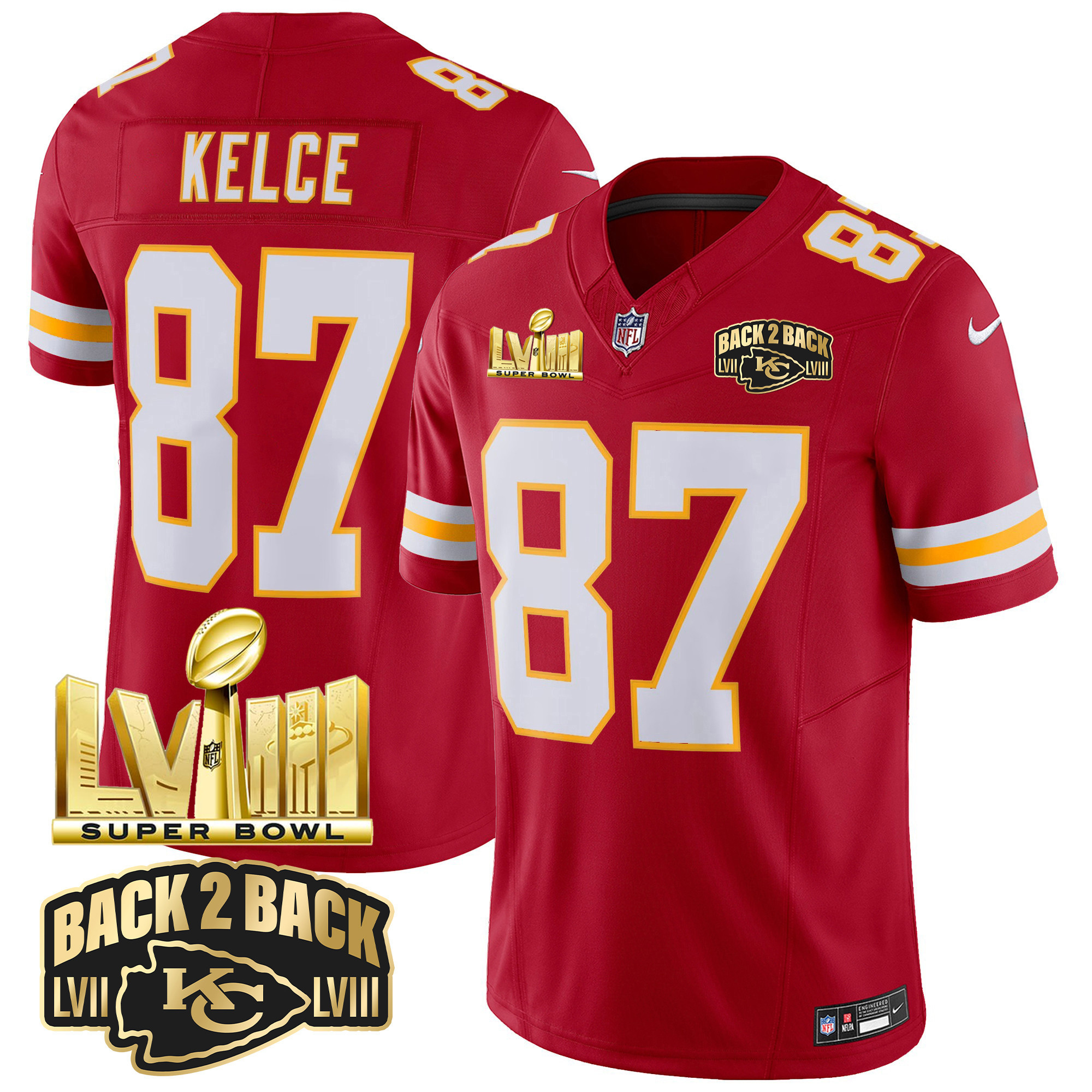 Men's Kansas City Chiefs Super Bowl LVIII & Back 2 Back Gold Patch Vapor Jersey - All Stitched - Image 37