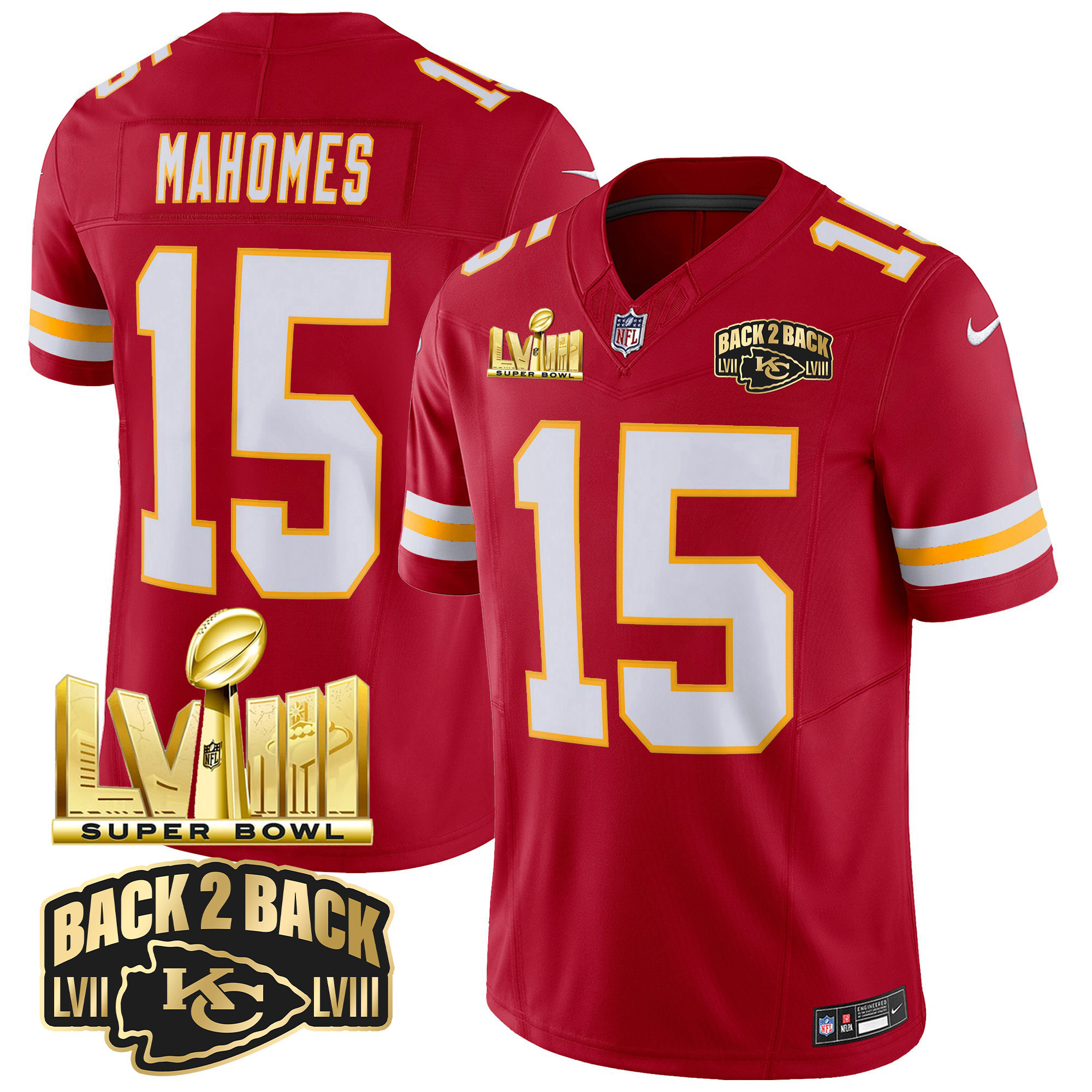 Men's Kansas City Chiefs Super Bowl LVIII & Back 2 Back Gold Patch Vapor Jersey - All Stitched - Image 36