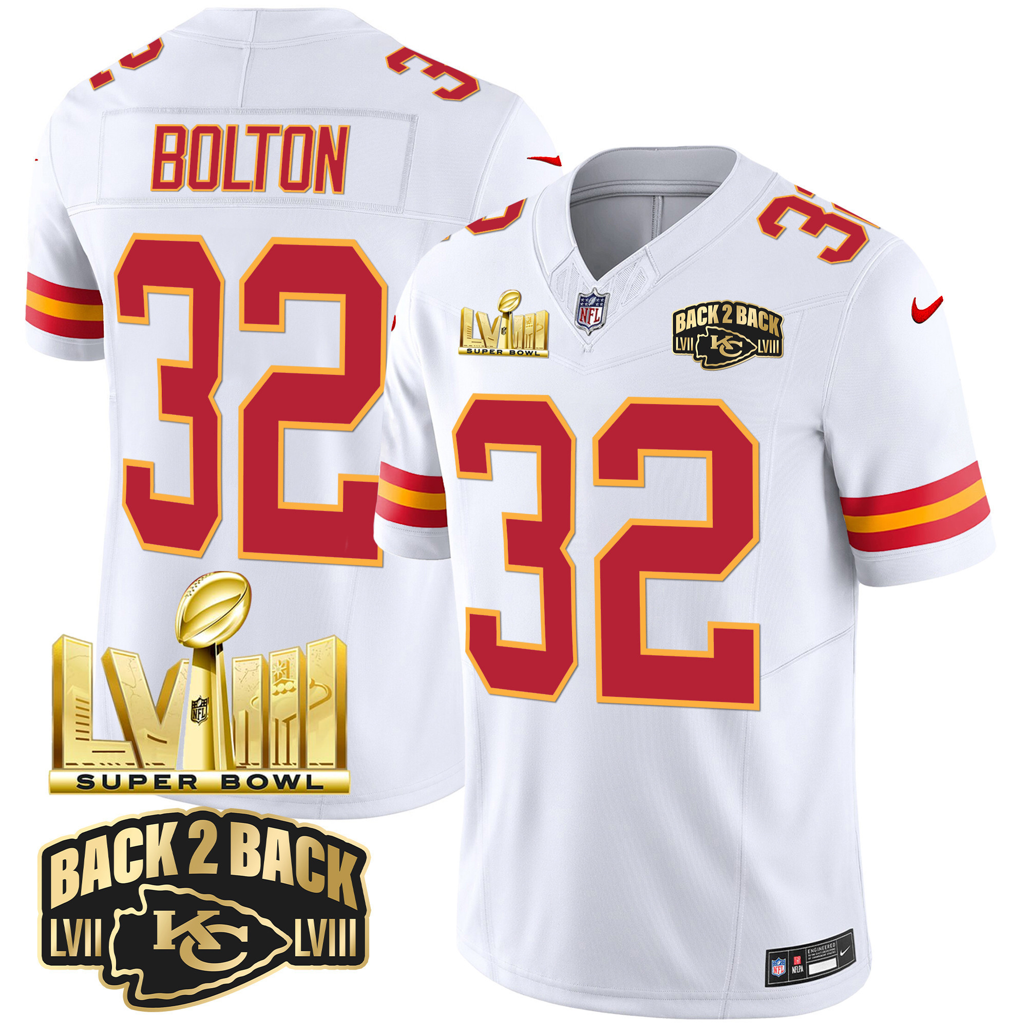 Men's Kansas City Chiefs Super Bowl LVIII & Back 2 Back Gold Patch Vapor Jersey - All Stitched - Image 48