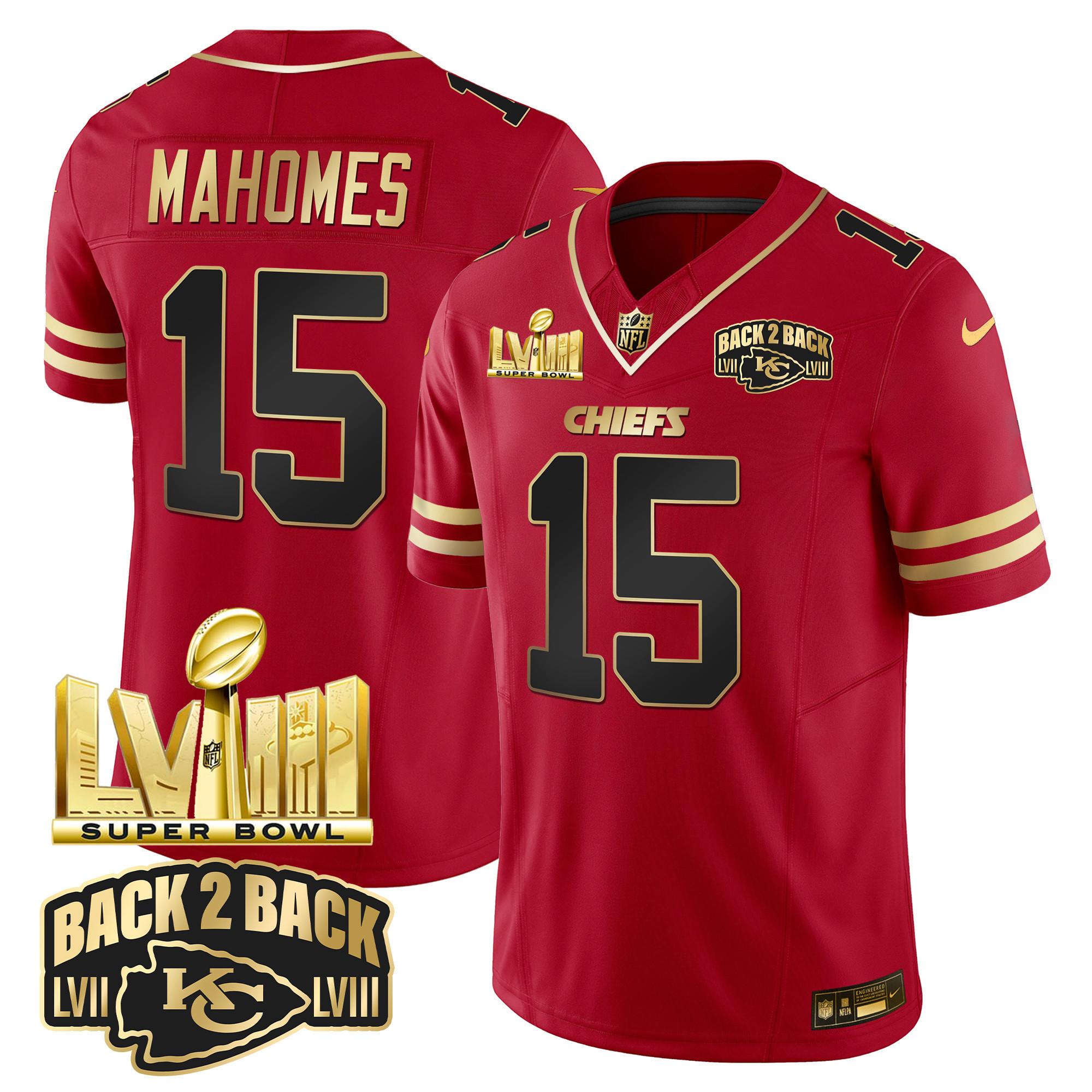 Men's Kansas City Chiefs Super Bowl LVIII & Back 2 Back Gold Patch Vapor Jersey - All Stitched - Image 15
